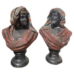 Antique Moorish Pair of 19th Century French Busts Terracotta Polychrome