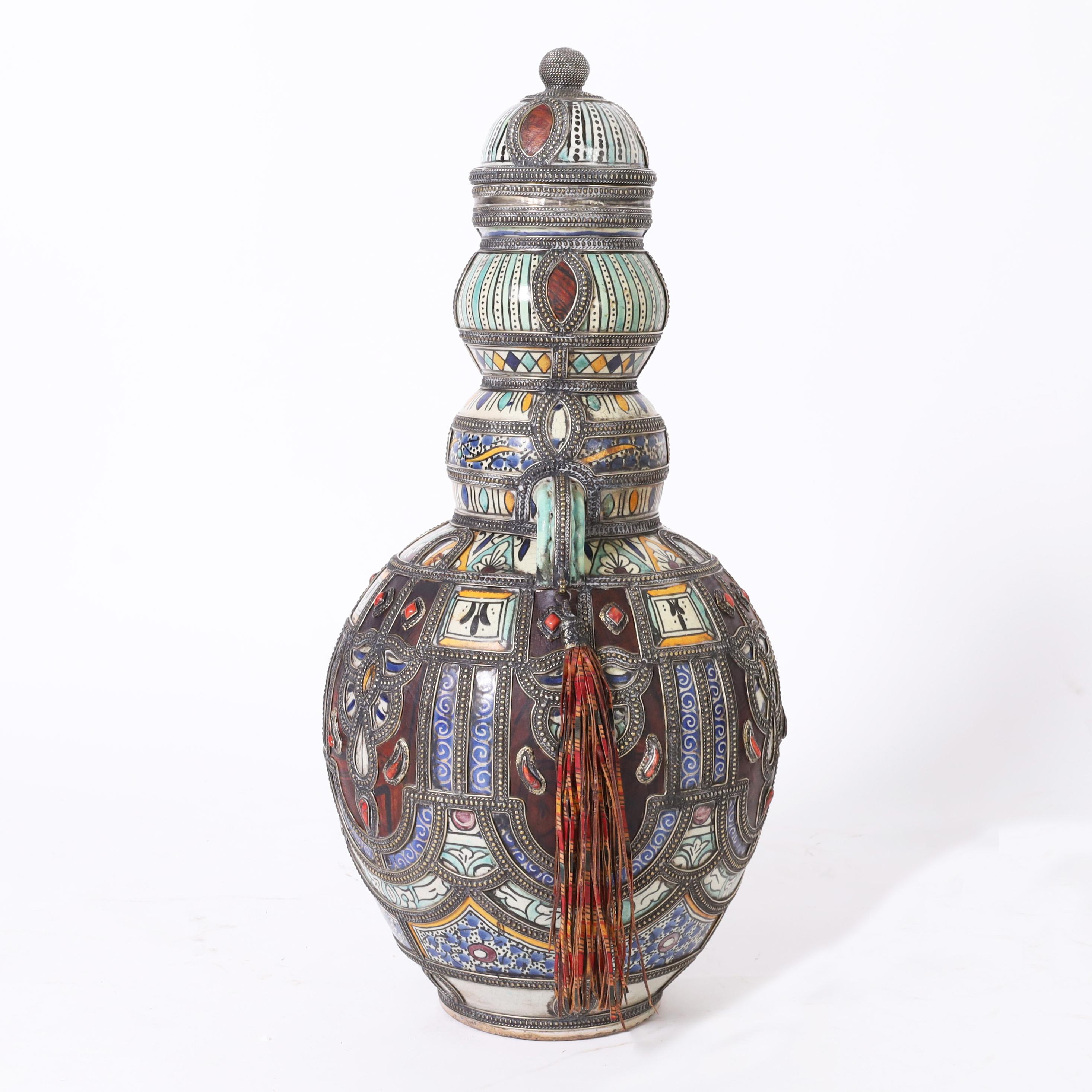 Moroccan Moorish Pair of Earthenware and Metalwork Lidded Urns For Sale