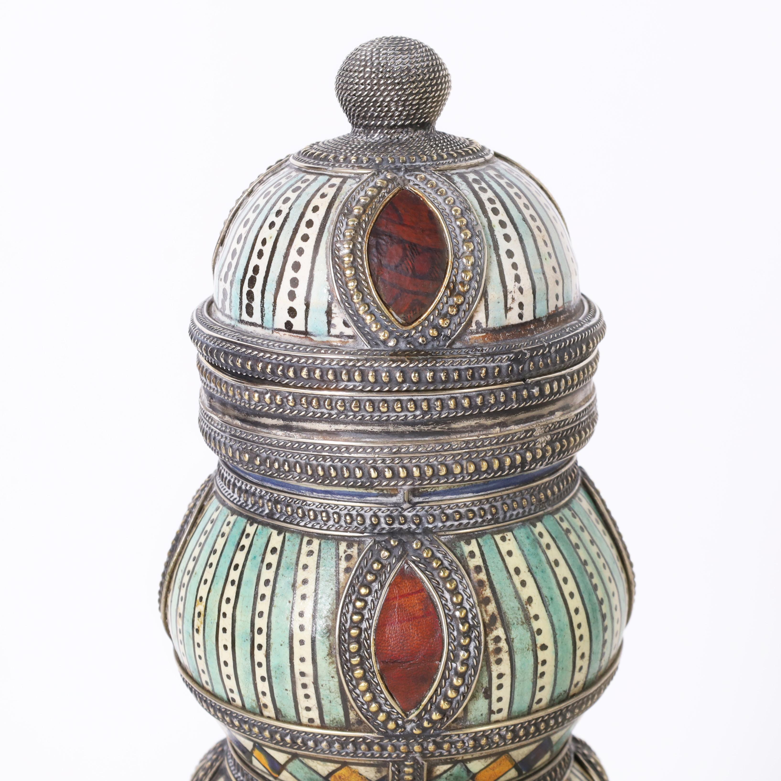 Hand-Crafted Moorish Pair of Earthenware and Metalwork Lidded Urns For Sale