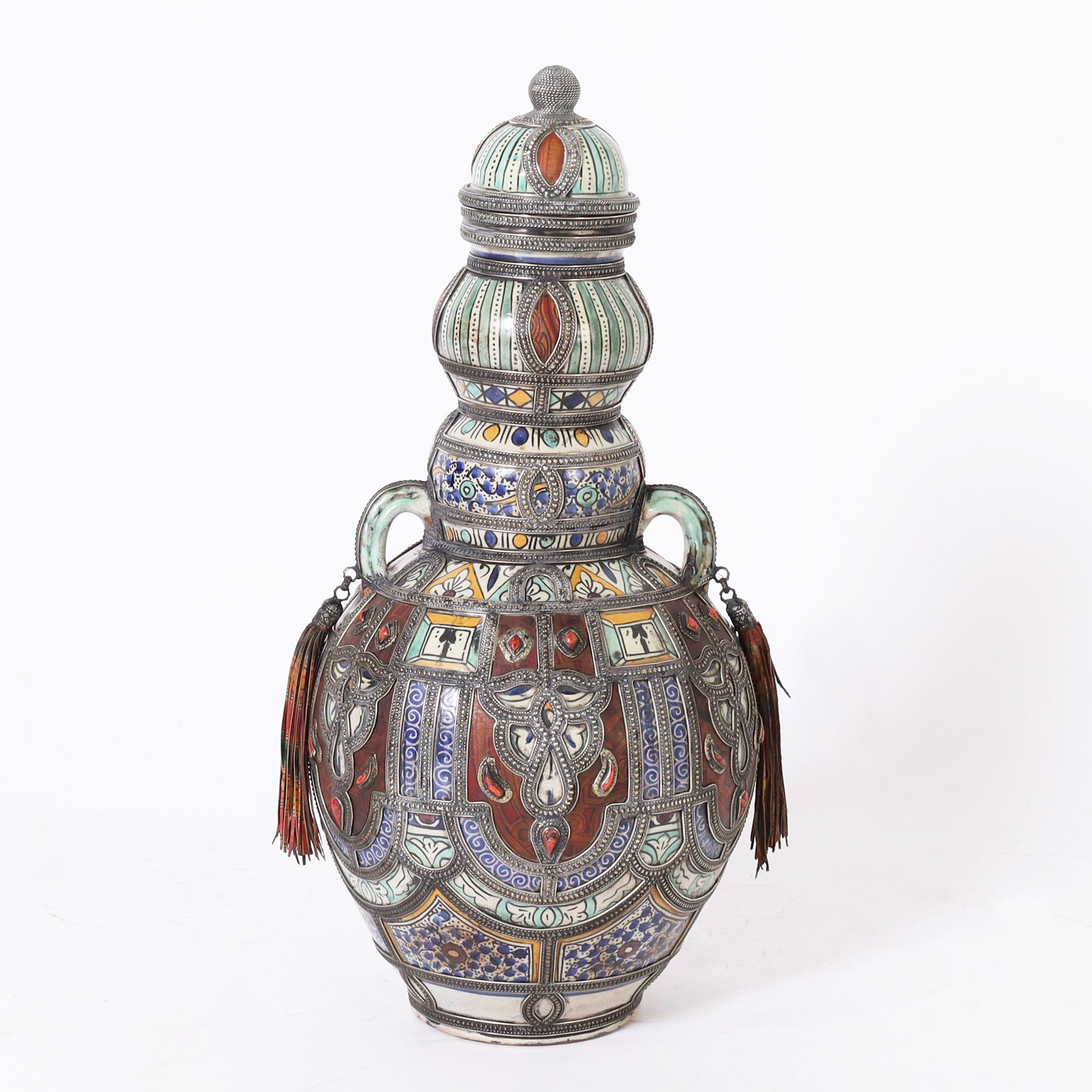 20th Century Moorish Pair of Earthenware and Metalwork Lidded Urns For Sale