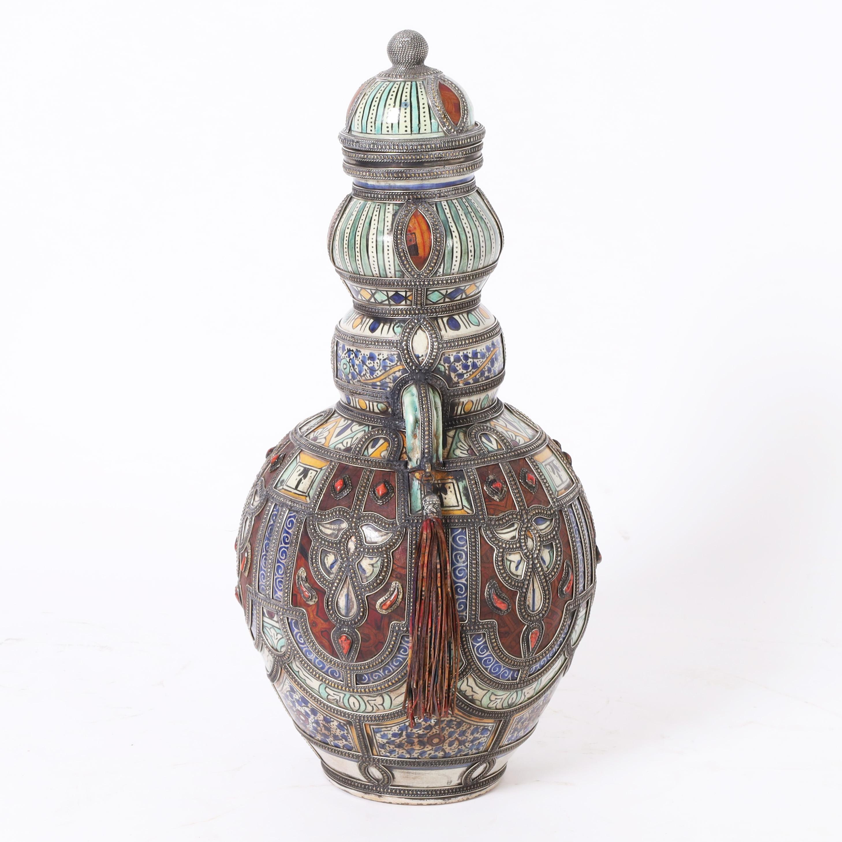 Moorish Pair of Earthenware and Metalwork Lidded Urns For Sale 1