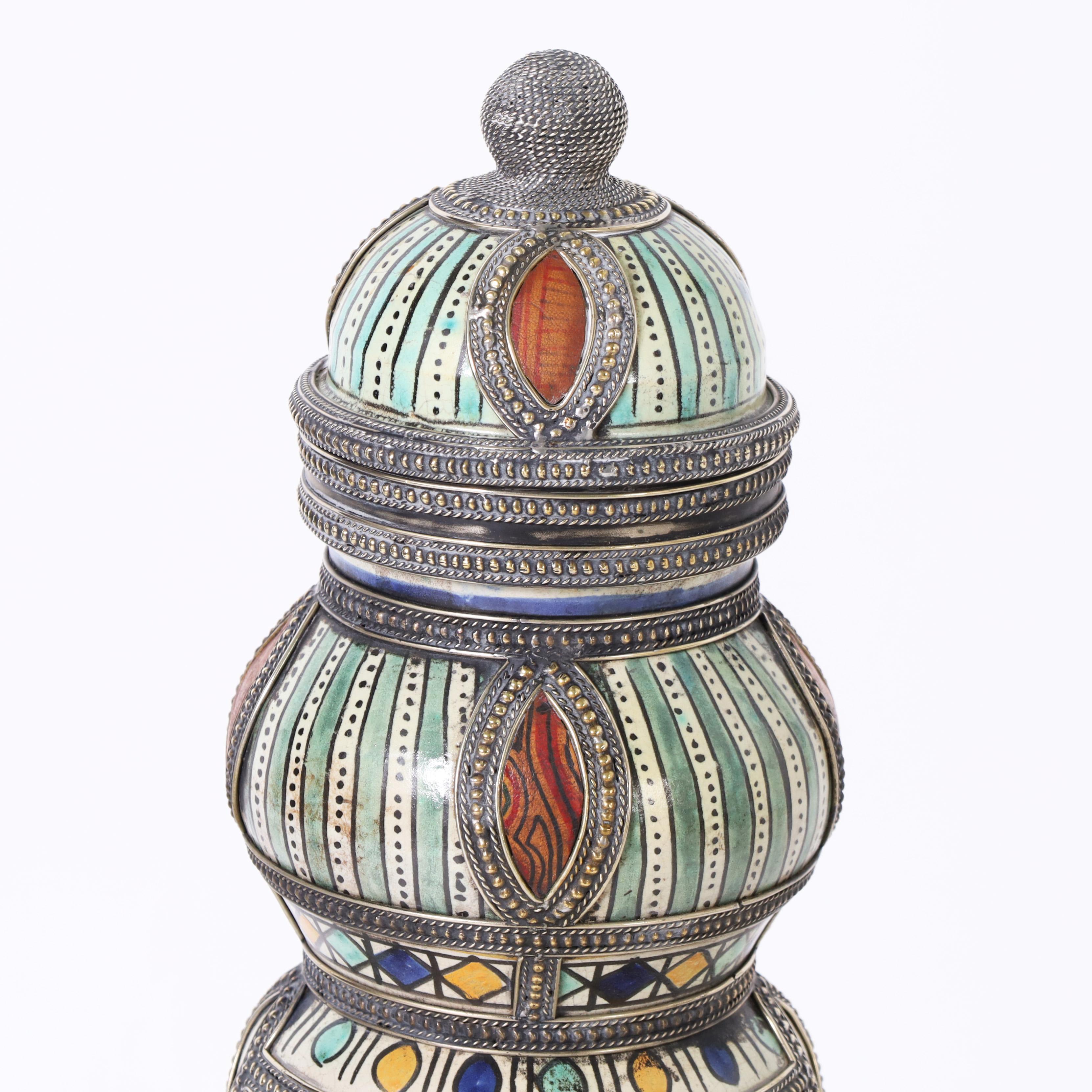 Moorish Pair of Earthenware and Metalwork Lidded Urns For Sale 2