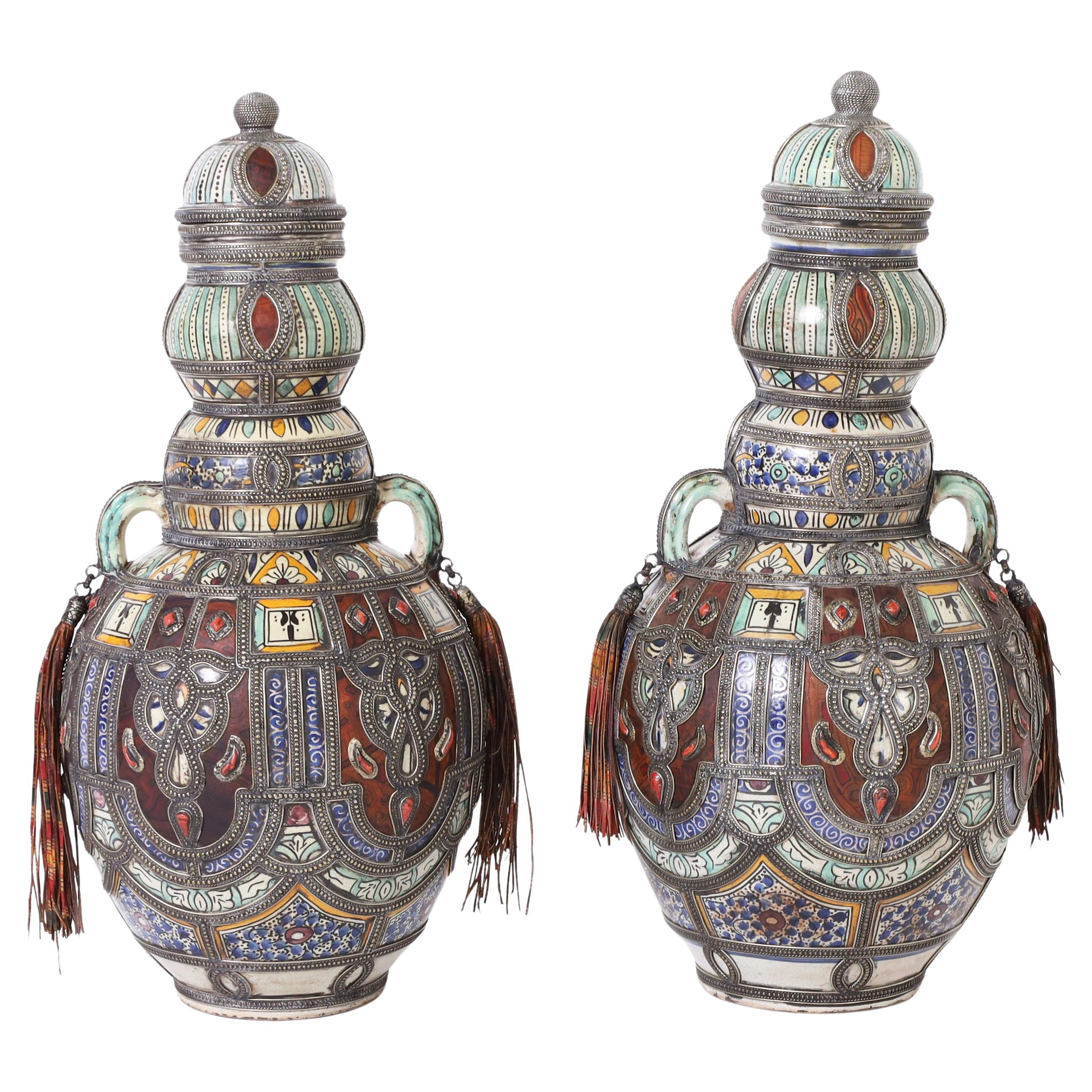 Moorish Pair of Earthenware and Metalwork Lidded Urns For Sale