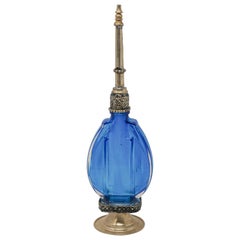 Moorish Perfume Footed Blue Glass Bottle Sprinkler with Embossed Metal Overlay