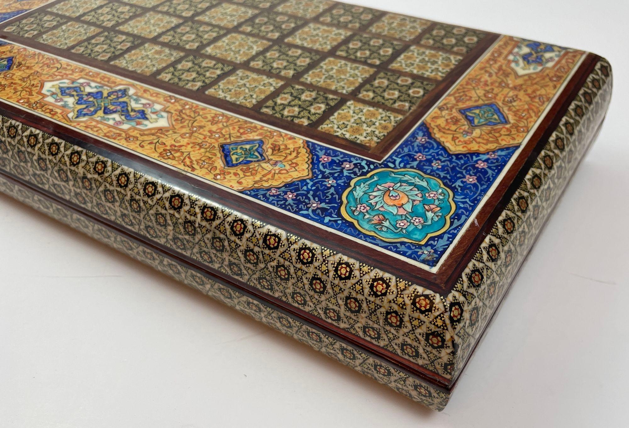 Fruitwood Moorish Persian Inlaid Micro Mosaic Backgammon and Chess Board For Sale