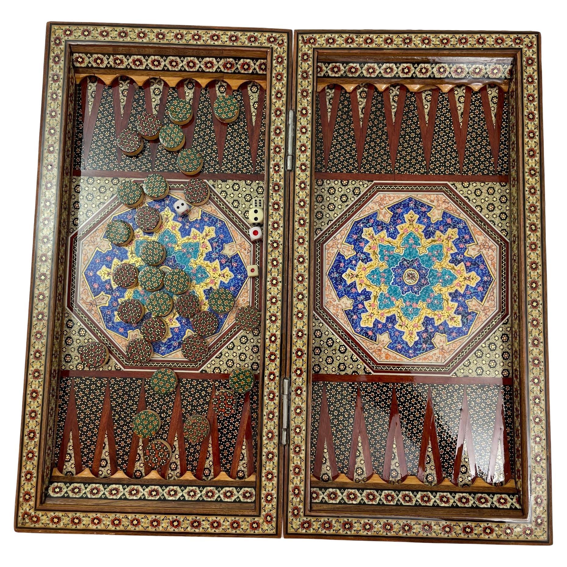 Moorish Persian Inlaid Micro Mosaic Backgammon and Chess Board For Sale