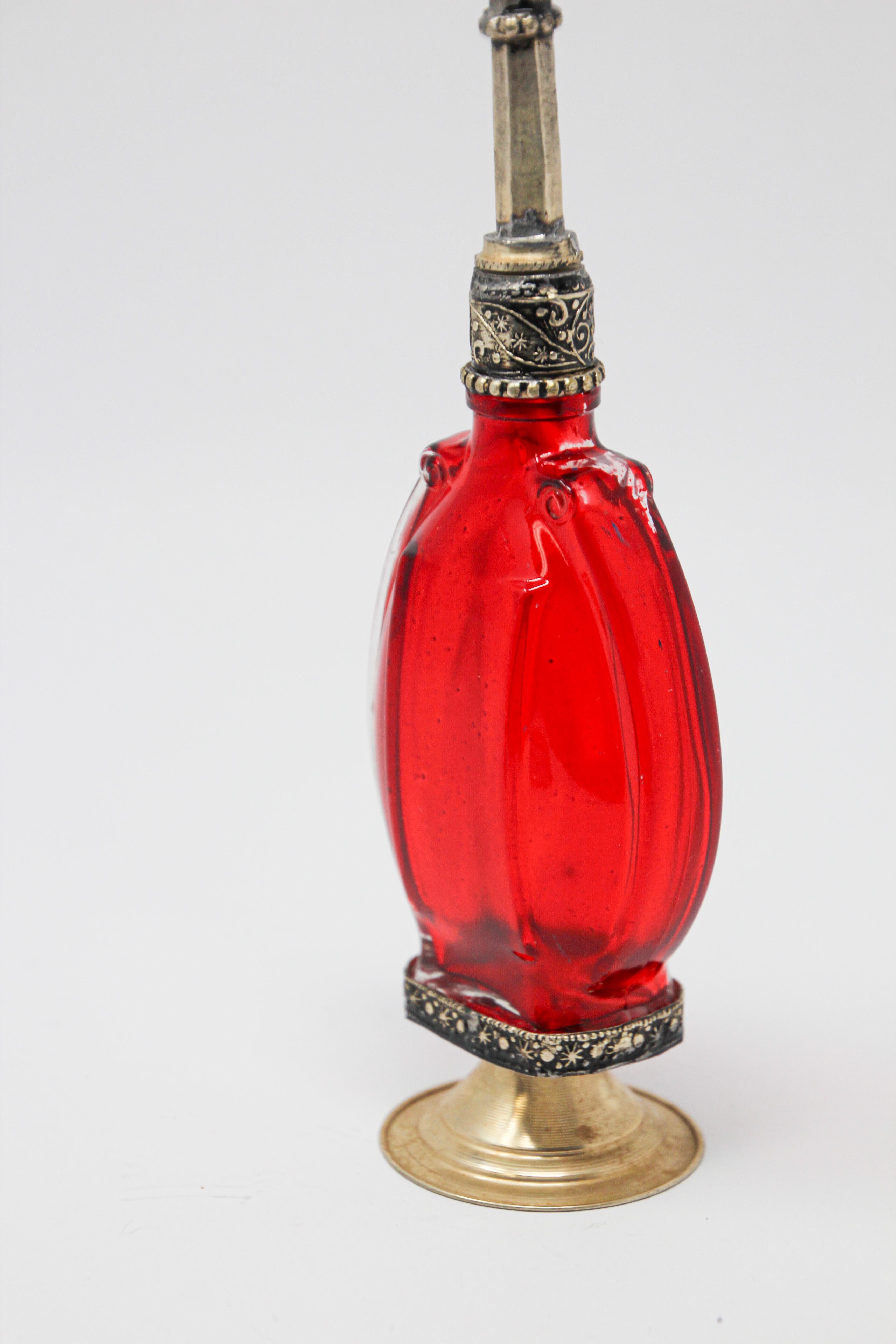 Moroccan Moorish Red Glass Perfume Footed Bottle Sprinkler with Embossed Metal Overlay