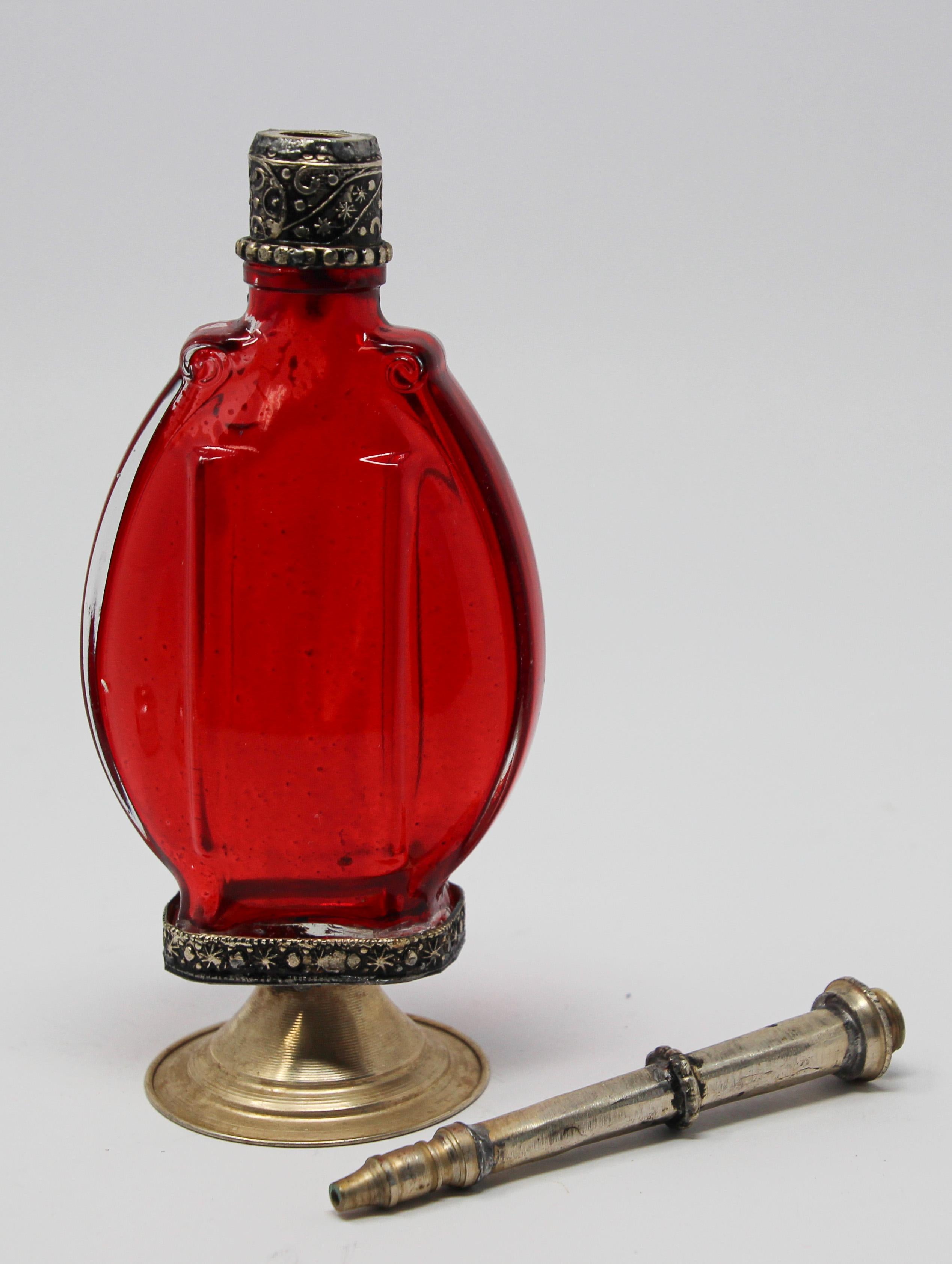 Hand-Crafted Moorish Red Glass Perfume Footed Bottle Sprinkler with Embossed Metal Overlay