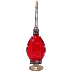 Moorish Red Glass Perfume Footed Bottle Sprinkler with Embossed Metal Overlay