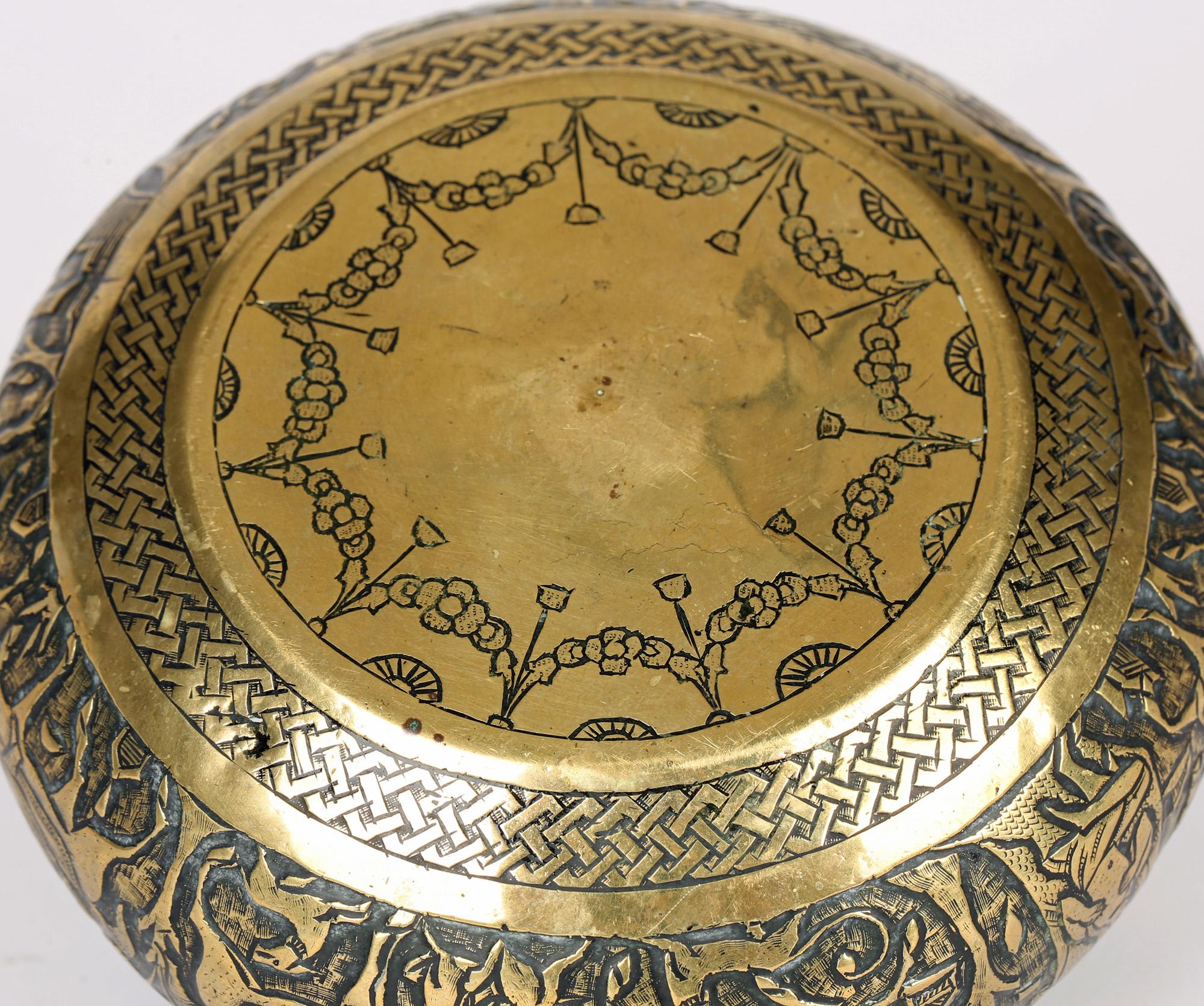 Moorish Revival Hand Engraved Figural Marriage Brass Bowl In Good Condition For Sale In Bishop's Stortford, Hertfordshire