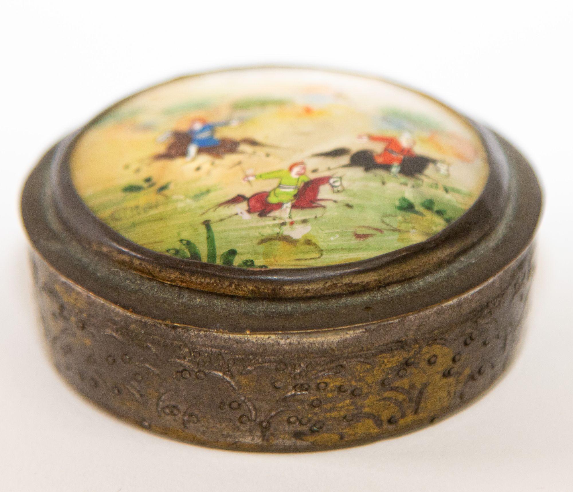 Asian Moorish Round Brass Pill Box with Miniature Persian Painting