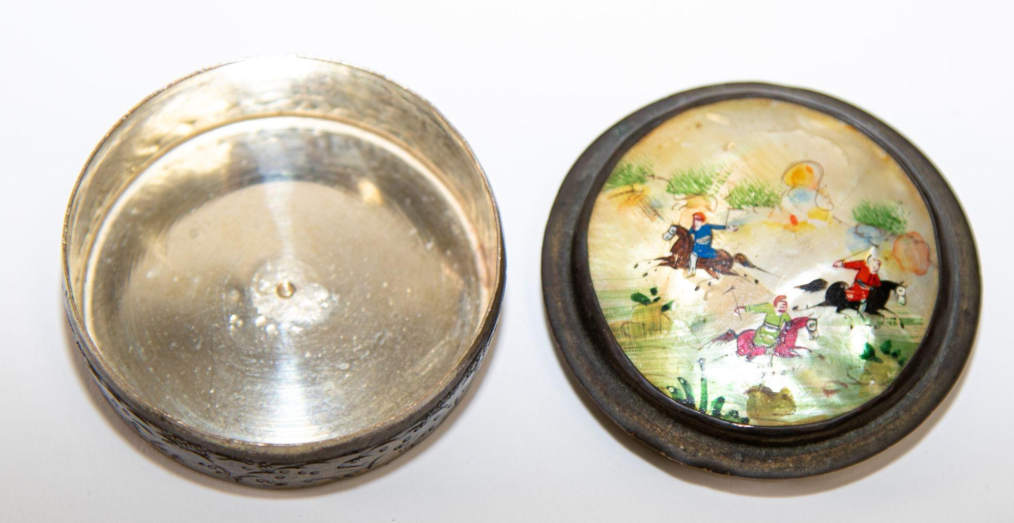Hand-Crafted Moorish Round Brass Pill Box with Miniature Persian Painting