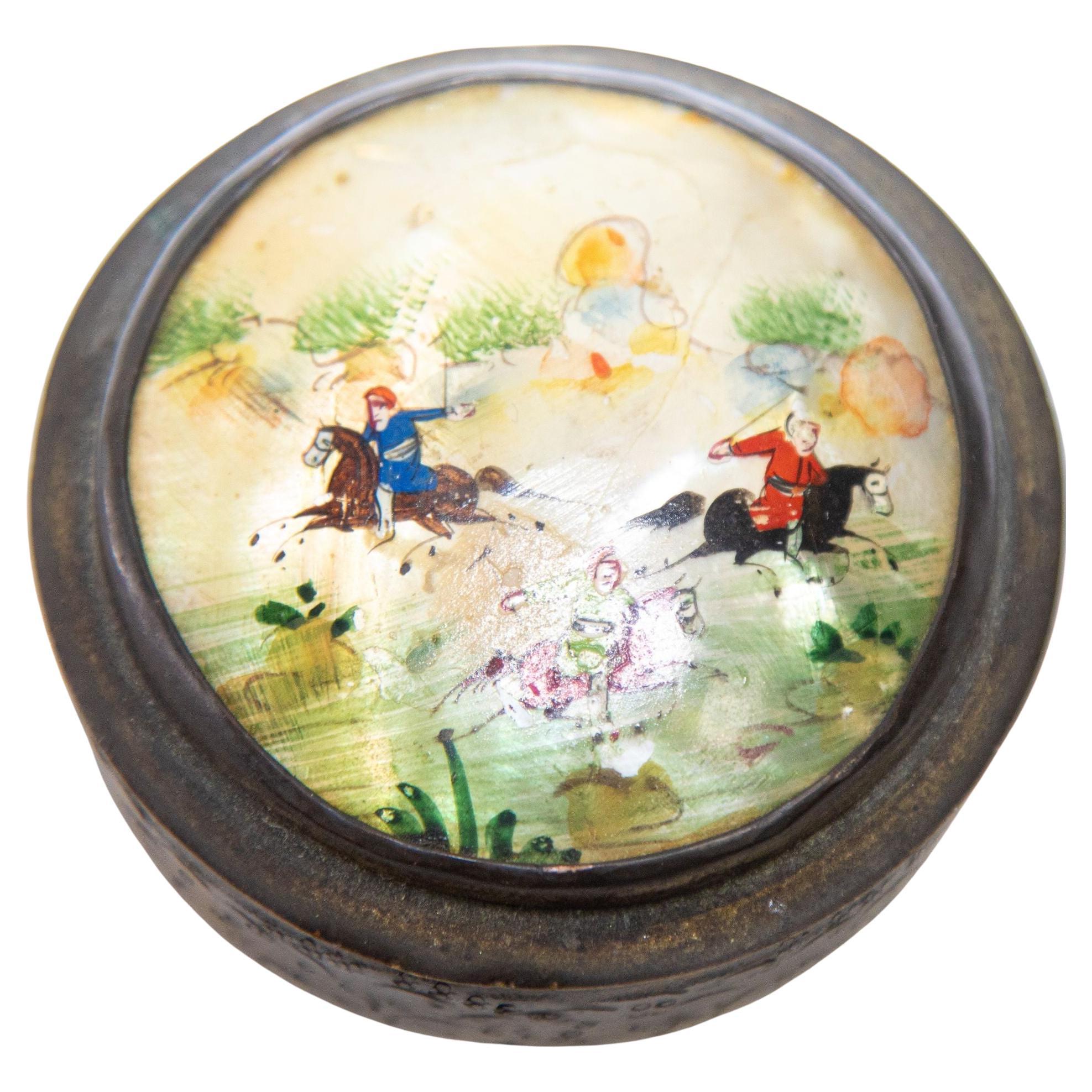 Moorish Round Brass Pill Box with Miniature Persian Painting