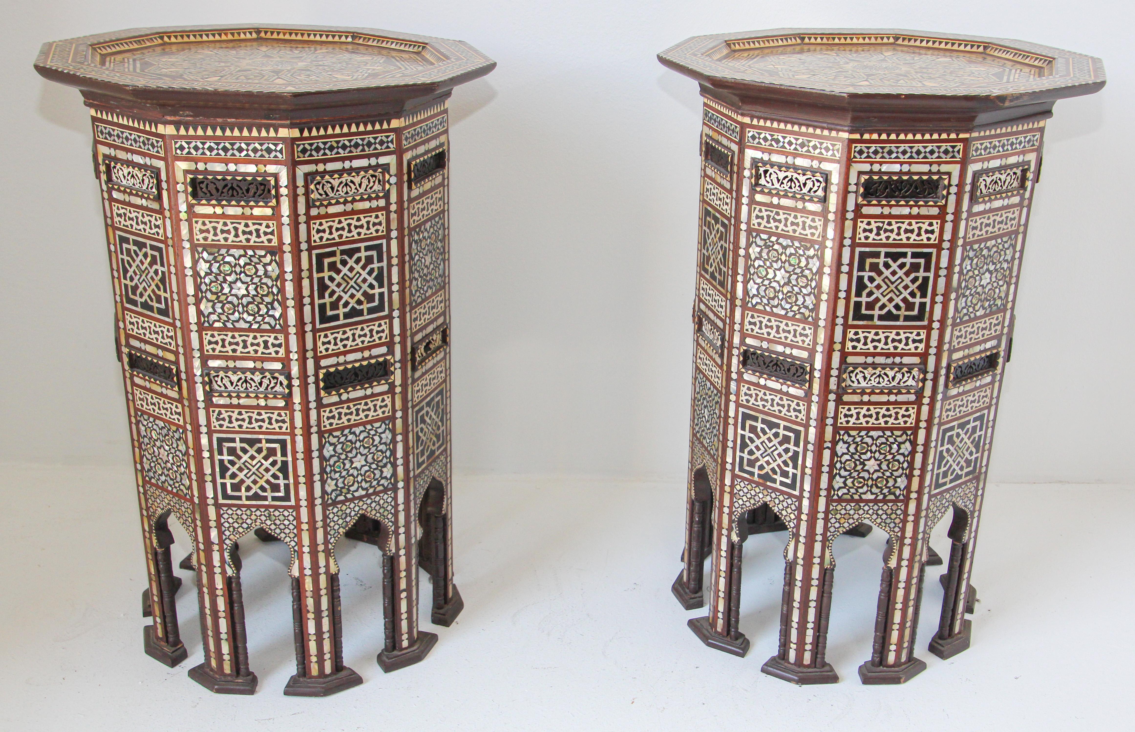 Pair of Moorish side pedestal tables inlaid with mosaic marquetry.
Pair of antique 19th century Middle Eastern Moorish mosaic marquetry inlay tables.
Outstanding very rare to find pair of Ottoman Turkish pedestal tables inlaid with mosaic