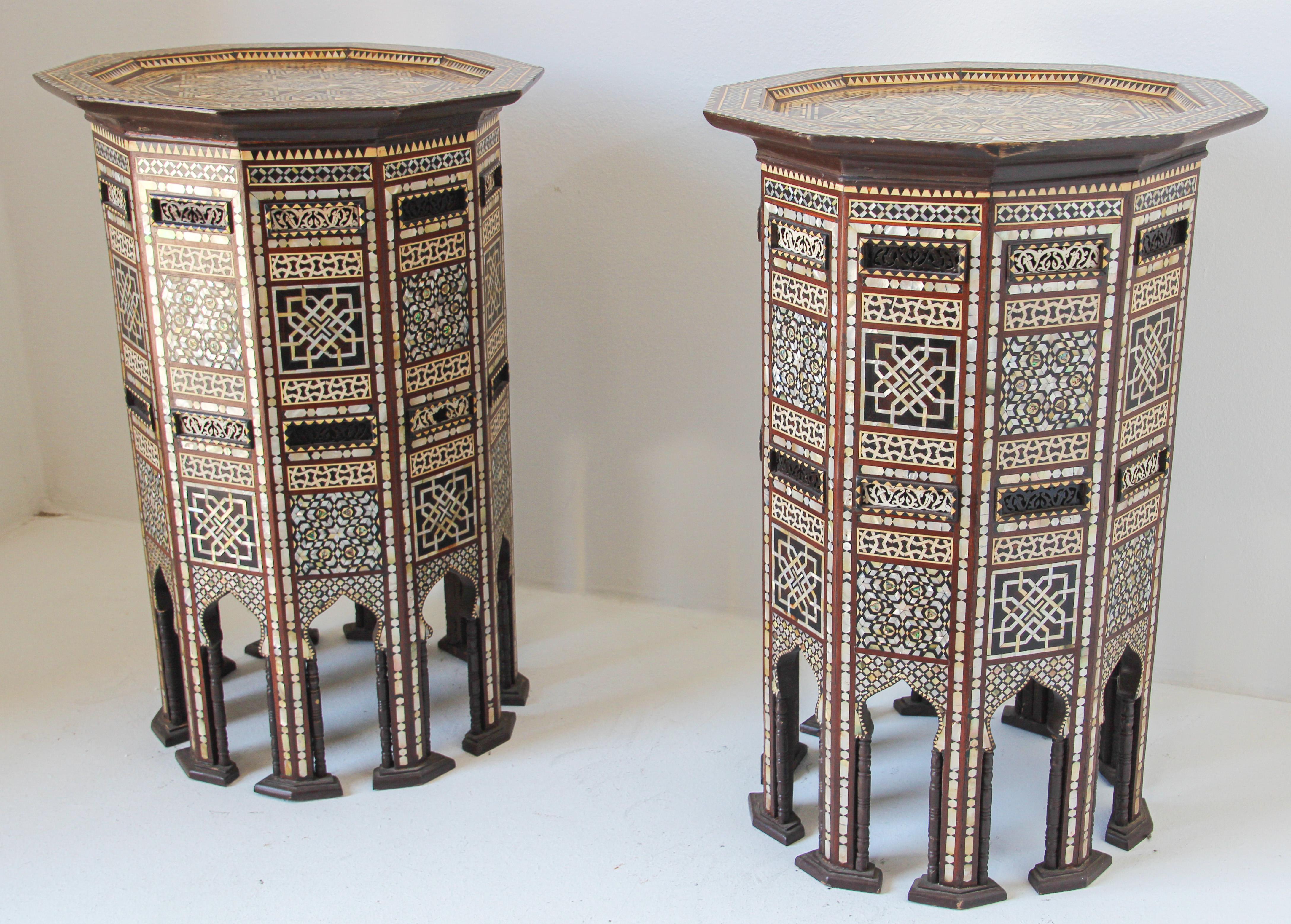 Turkish Antique Moorish Side Pedestal Tables Mosaic Inlaid, a Pair For Sale