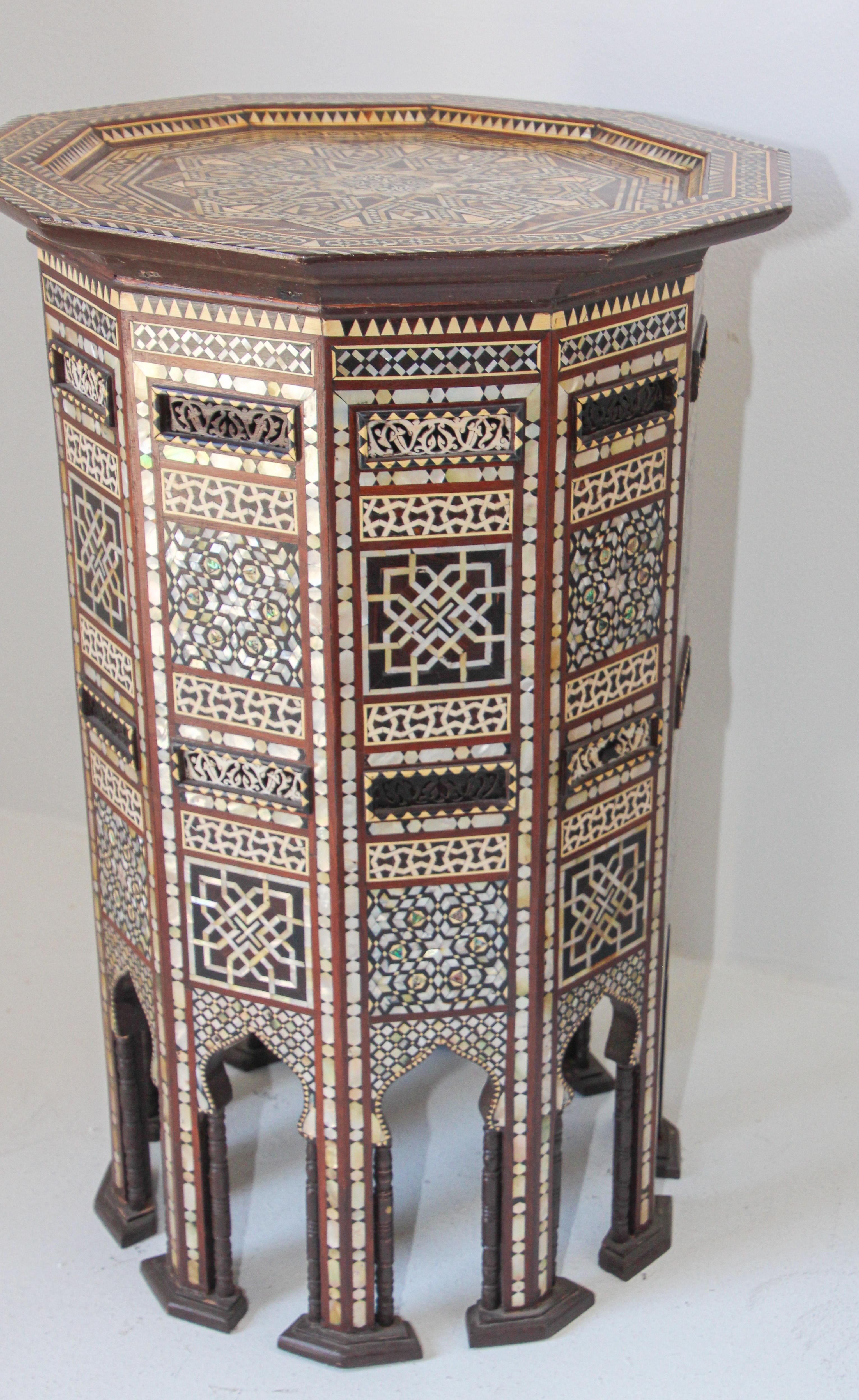 Hand-Crafted Antique Moorish Side Pedestal Tables Mosaic Inlaid, a Pair For Sale