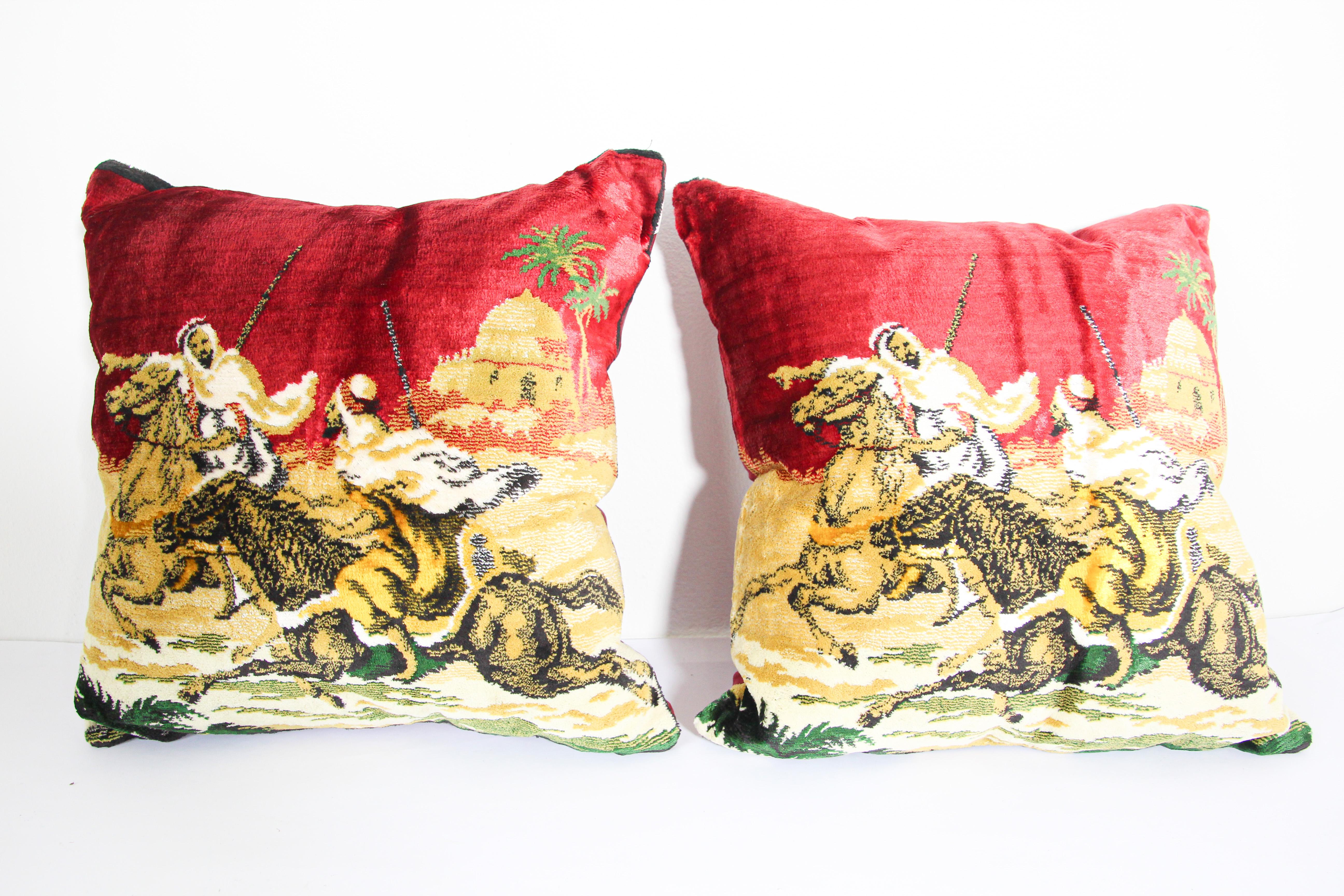 Moorish Silk Velvet Pillows with Arabs on Horse, a Pair 2