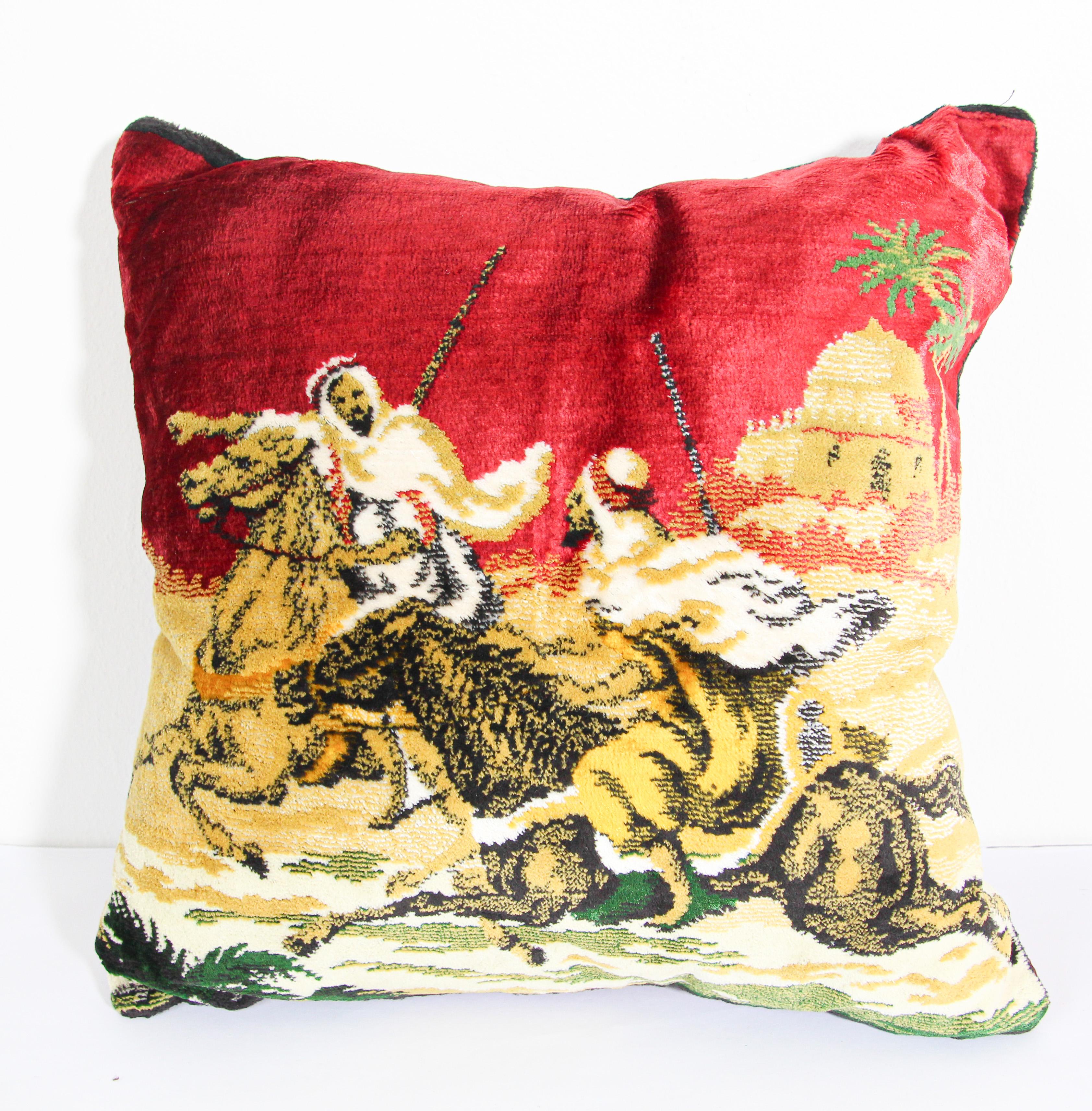 Moorish Silk Velvet Pillows with Arabs on Horse, a Pair 3