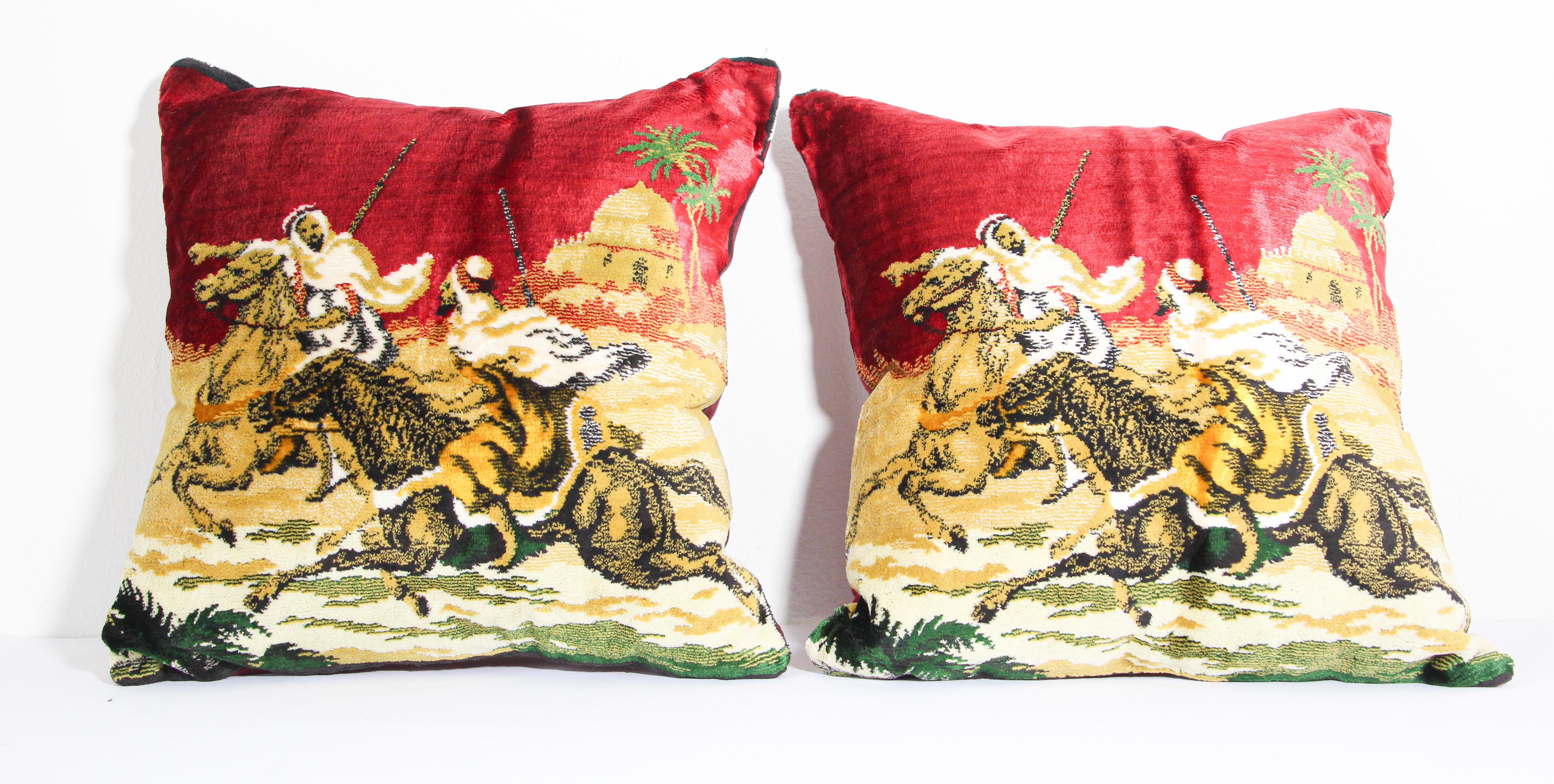 Pair of Moroccan silk velvet pillows with Arabs on horse.
Colors are red, green and yellow, dark burgundy velvet backing.
Pair of handmade Moorish style silk pillows made in Italy.
Made in Italy tag on each pillow.
Never been used.
