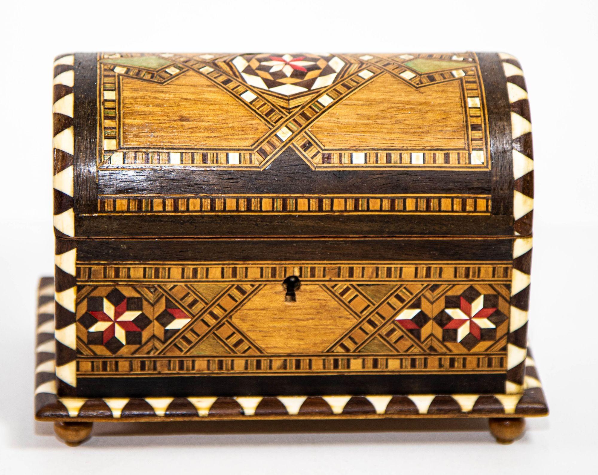 Spanish Moorish Spain Arch Top Wood Inaid Marquetry Jewelry Box For Sale