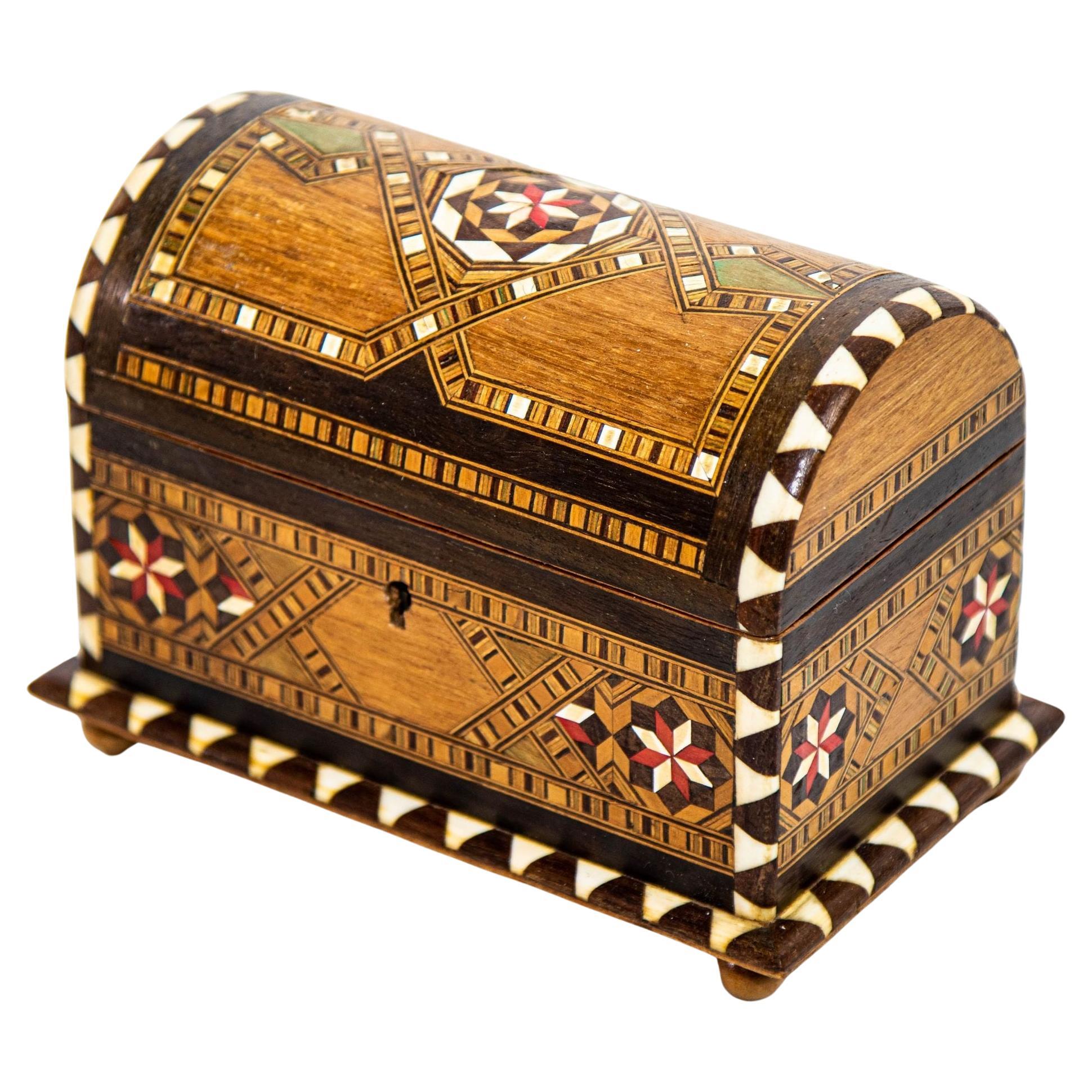 Moorish Spain Arch Top Wood Inaid Marquetry Jewelry Box For Sale