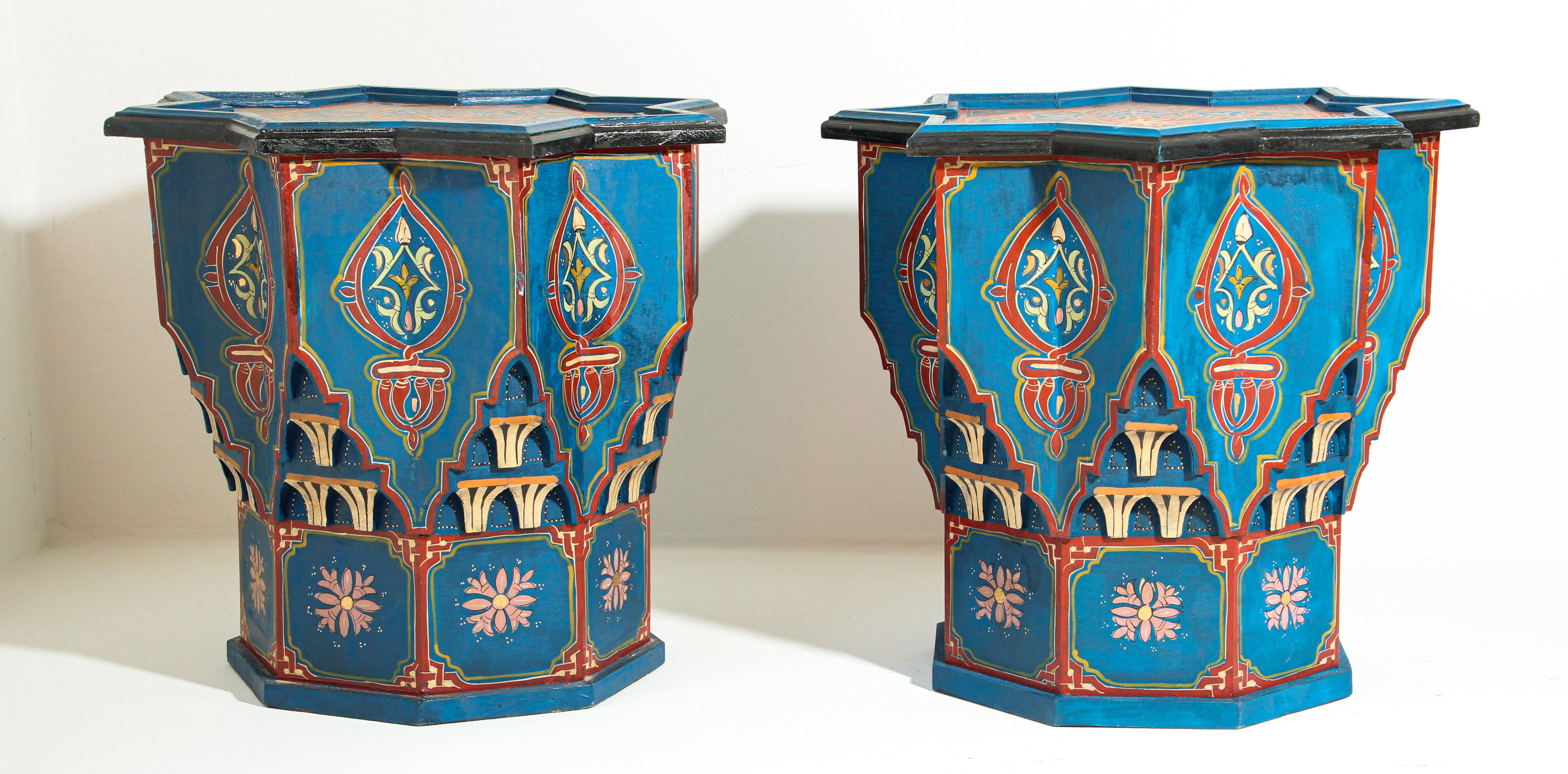 Hand-Painted Moroccan Moorish Star Shape Blue Pair of Side Drinks tables 1960s For Sale