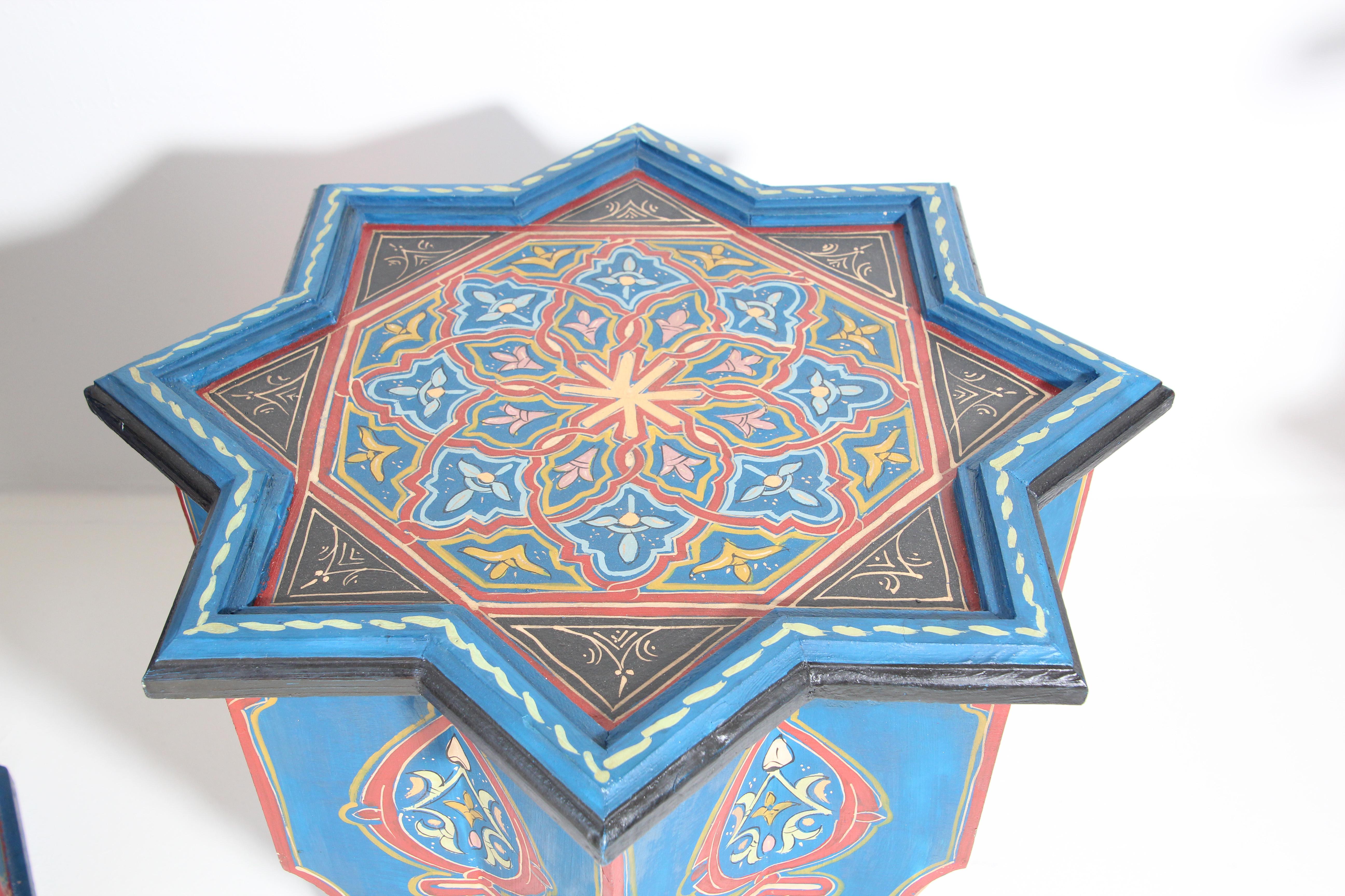 Wood Moroccan Moorish Star Shape Blue Pair of Side Drinks tables 1960s For Sale