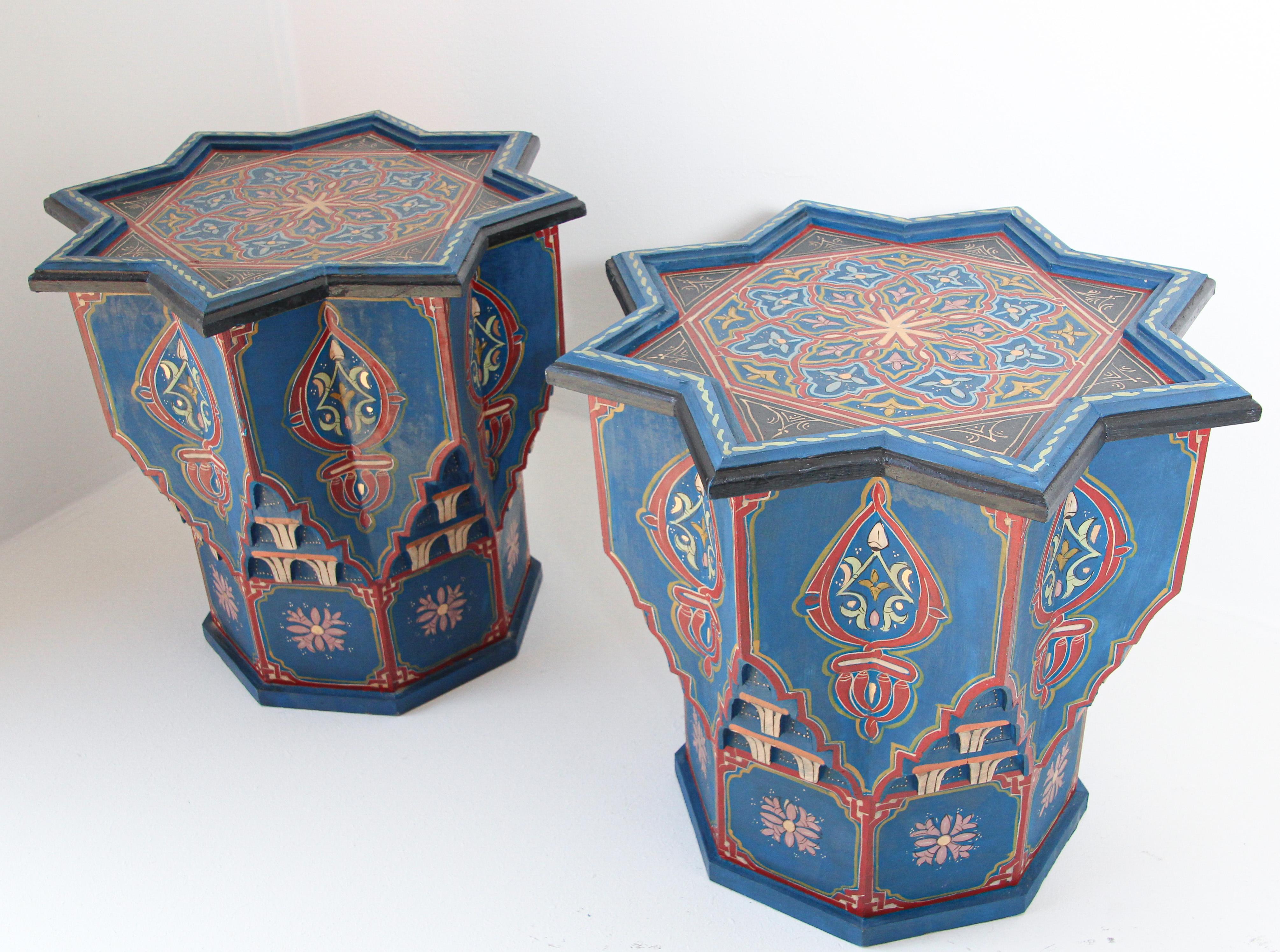 Moroccan Moorish Star Shape Blue Pair of Side Drinks tables 1960s For Sale 3
