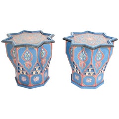 Paire de tables à boissons d'appoint marocaines bleue en forme d'étoile mauresque des années 1960