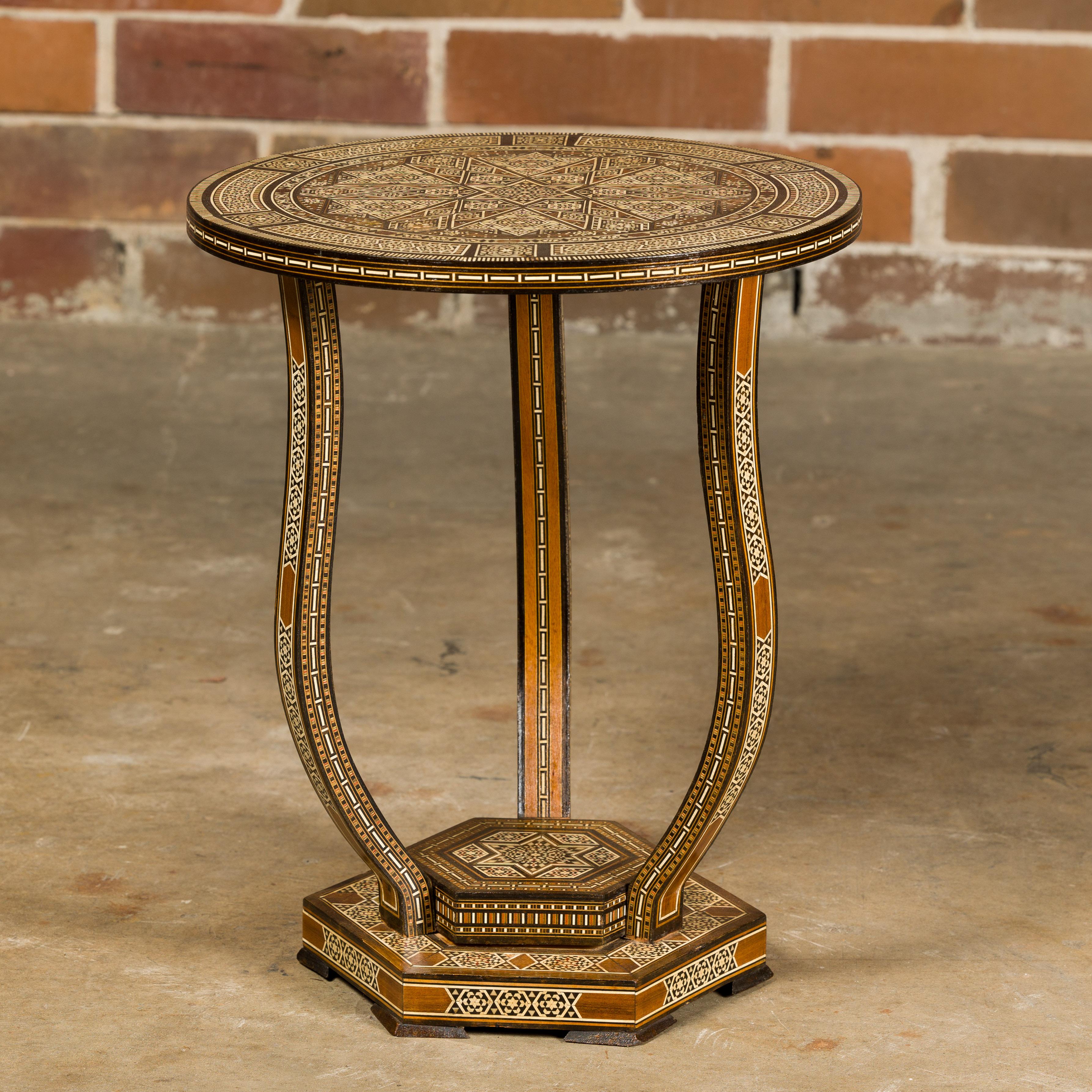 20th Century Moorish Style 1900s Moroccan Low Table with Round Top and Geometric Bone Inlay For Sale