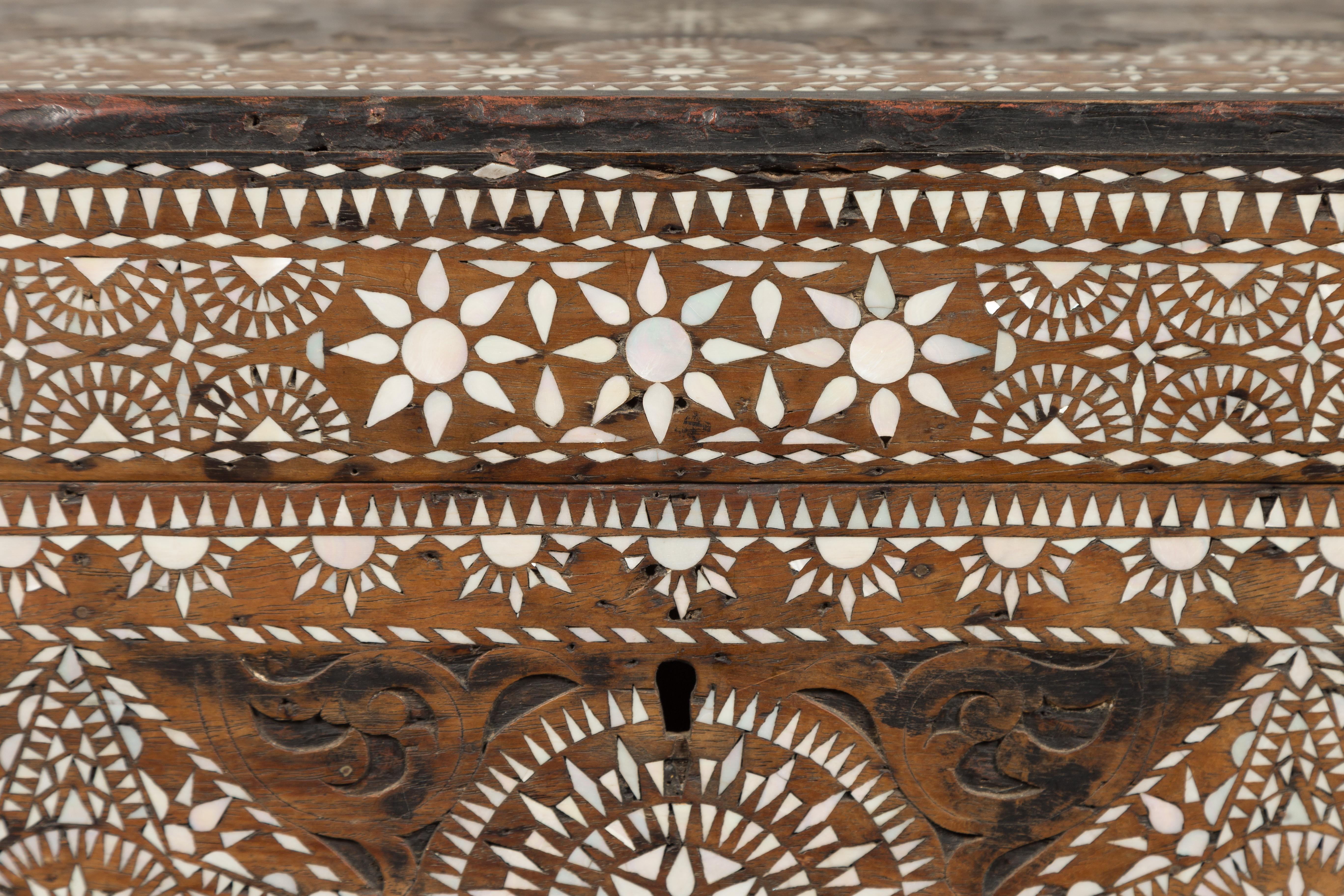 Moorish Style 1920s Blanket Chest with Geometric Mother of Pearl Inlaid Decor 2