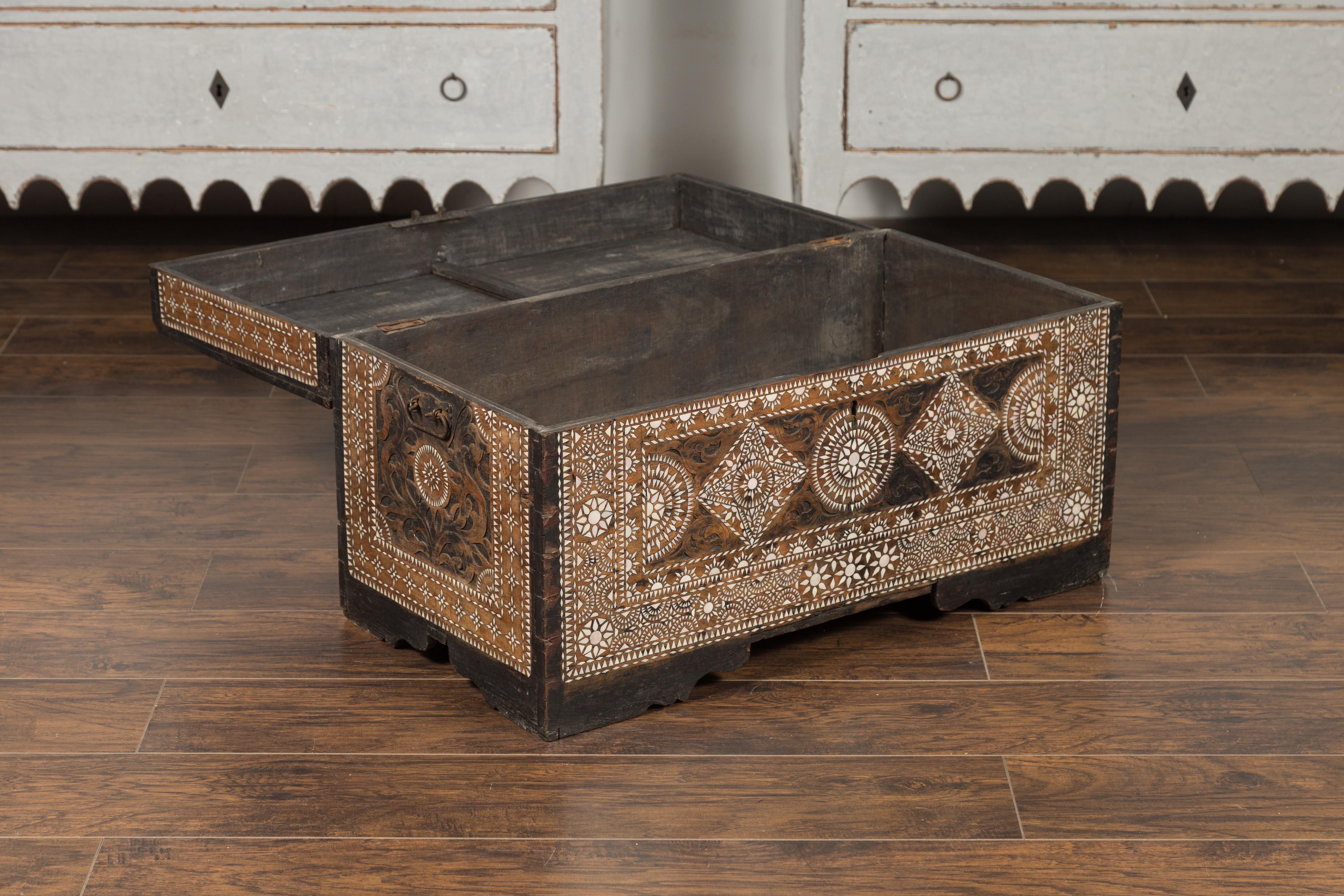 Moorish Style 1920s Blanket Chest with Geometric Mother of Pearl Inlaid Decor 3