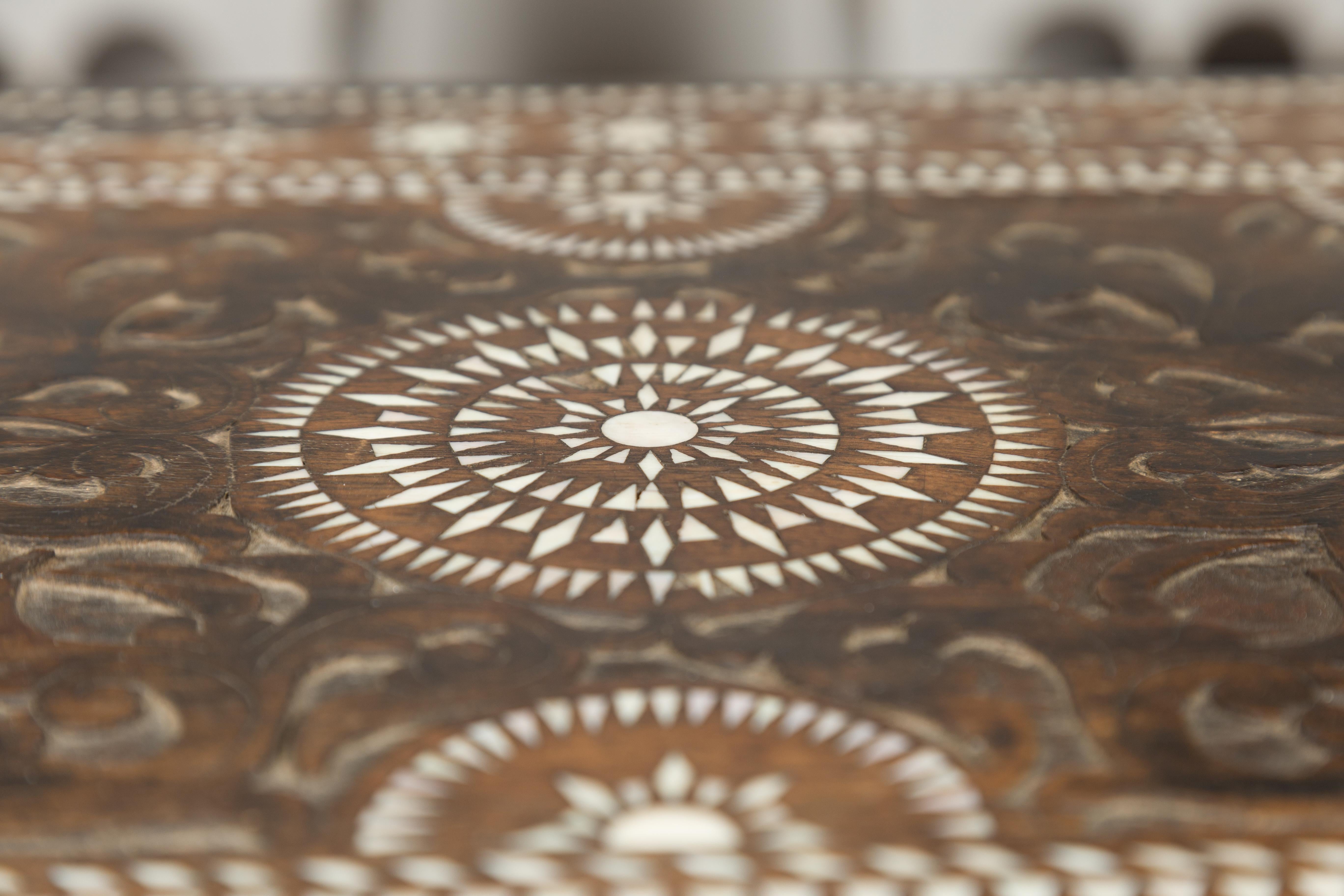 Moorish Style 1920s Blanket Chest with Geometric Mother of Pearl Inlaid Decor In Good Condition In Atlanta, GA