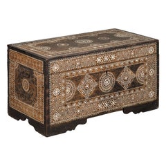 Antique Moorish Style 1920s Blanket Chest with Geometric Mother of Pearl Inlaid Decor