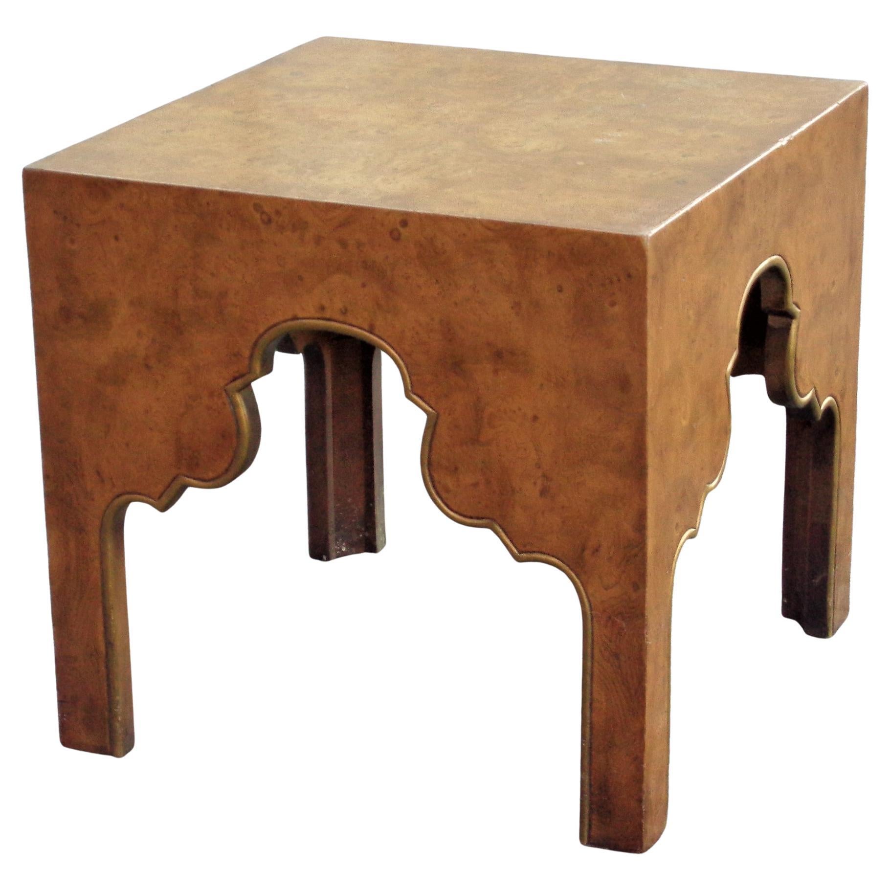 Beautifully figured burled carpathian elm side table end table in the Moorish style with gilded aprons on all four sides reminiscent of a minaret. Repertoire Collection for Drexel ( stamped on underside ) 1964. Look at all pictures and read