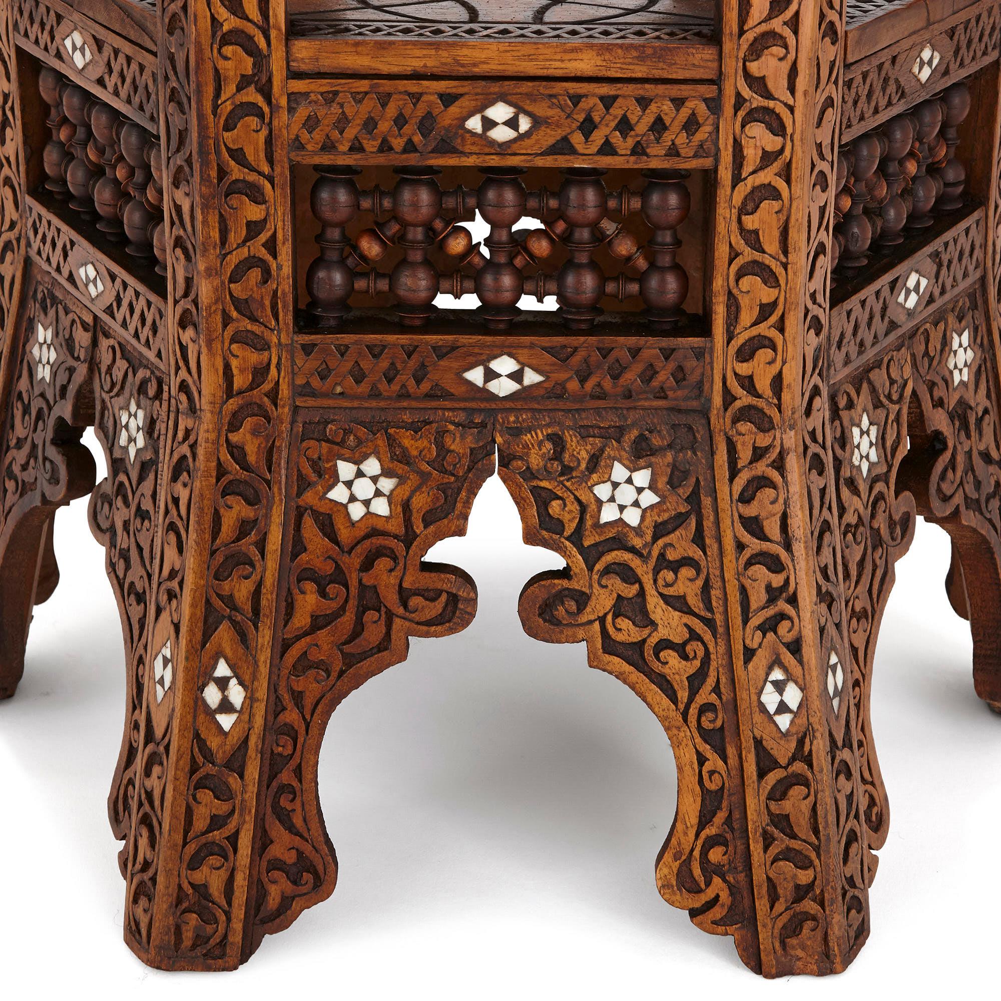 Indian Moorish Style Carved Hardwood Side Table with Mother of Pearl Inlay