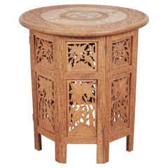 Moorish Style Carved Teak Inlaid Round Tabouret Drink Table