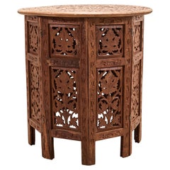 Moorish Style Carved Teak Inlaid Round Tabouret Drink Table