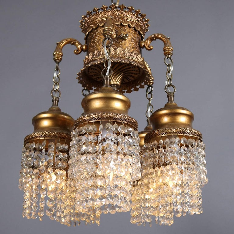 Moorish Style Gilt And Crystal Five Drop Light Chandelier 20th Cast Moorish Style Gilt And Crystal Five Drop Light Chandelier 20th Century For