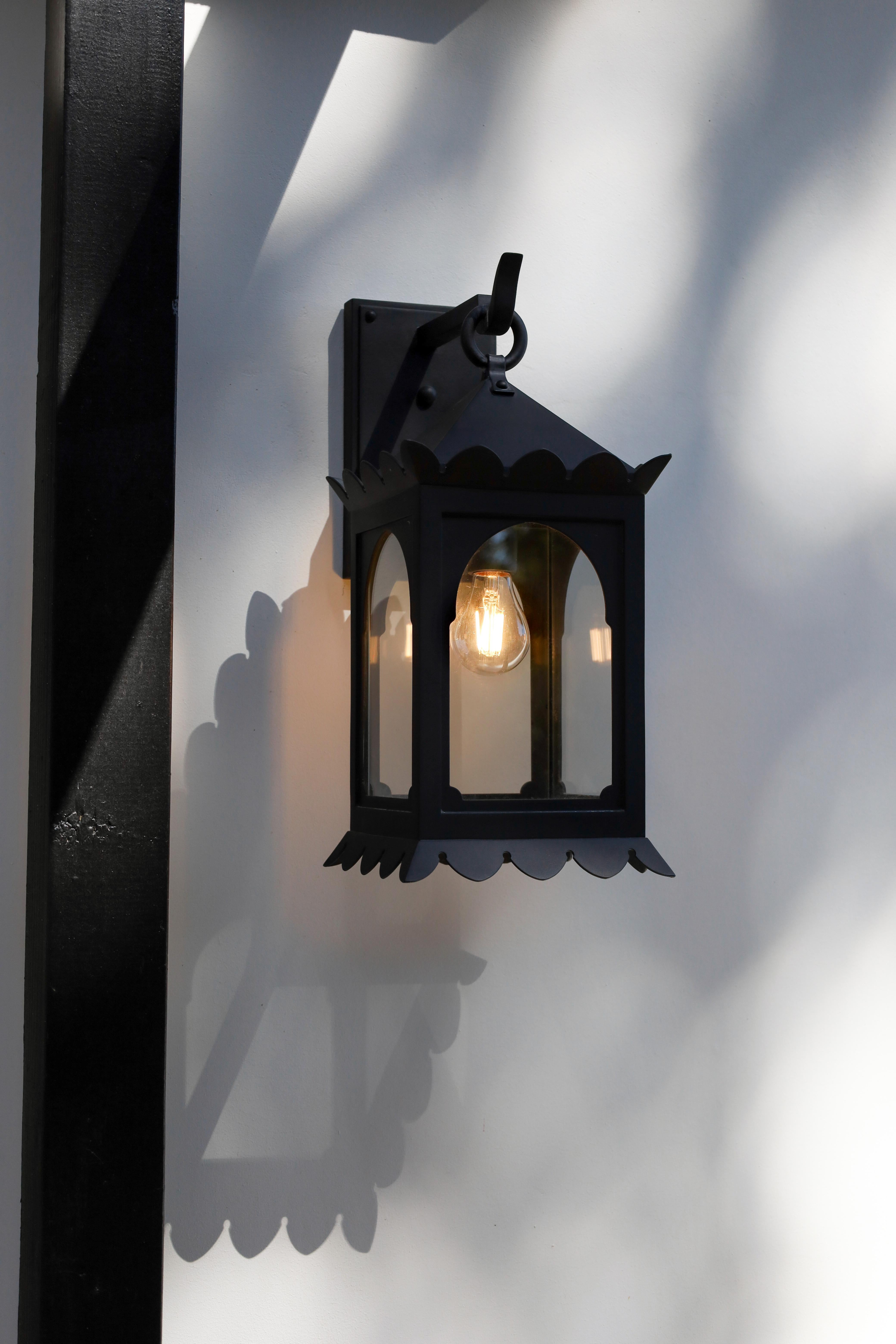 Steel Moorish Style Handmade Wrought Iron Exterior Outdoor Lantern Black Light Fixture For Sale