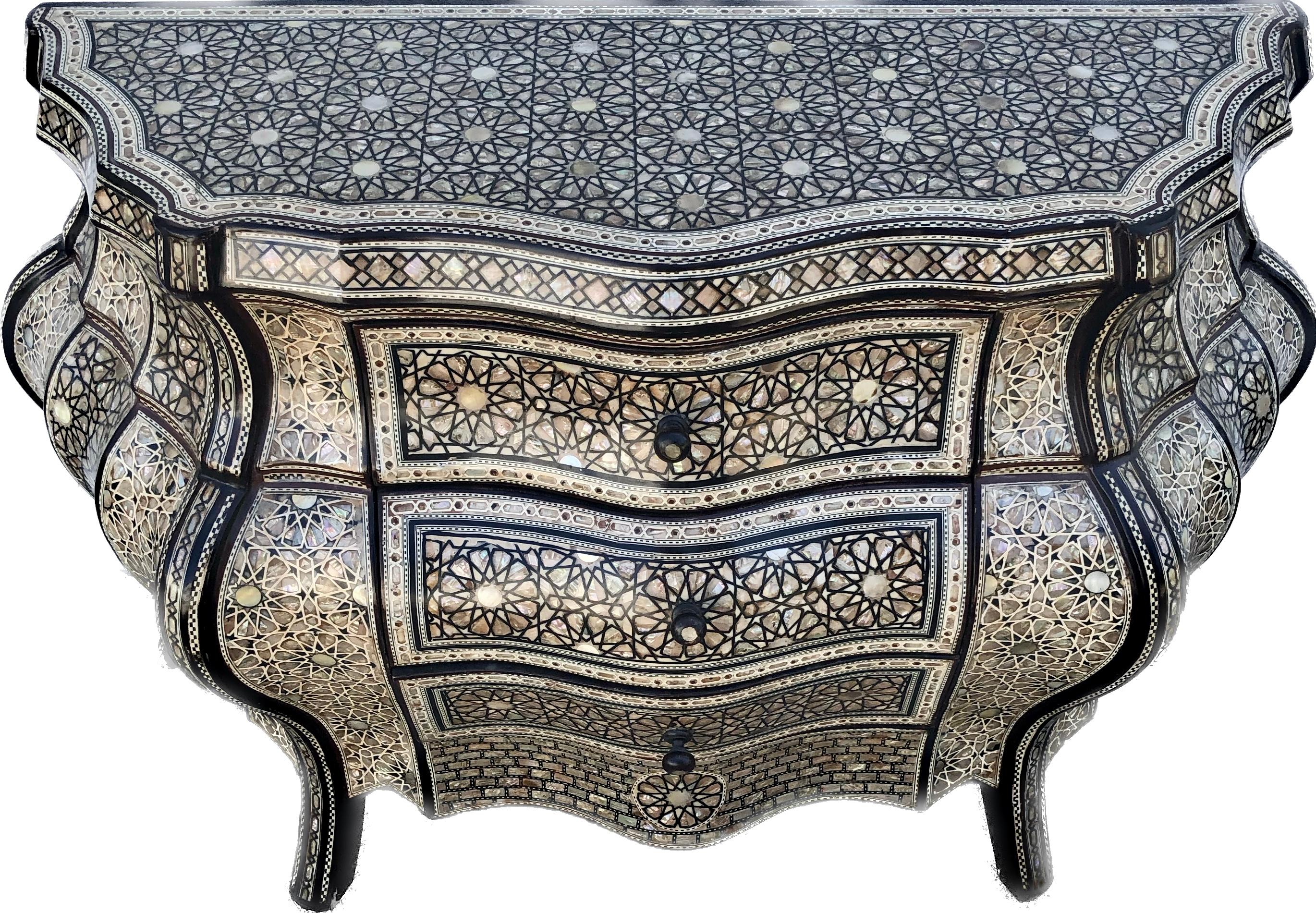 Moorish Style Inlaid Bombe Commode In Good Condition For Sale In Bradenton, FL