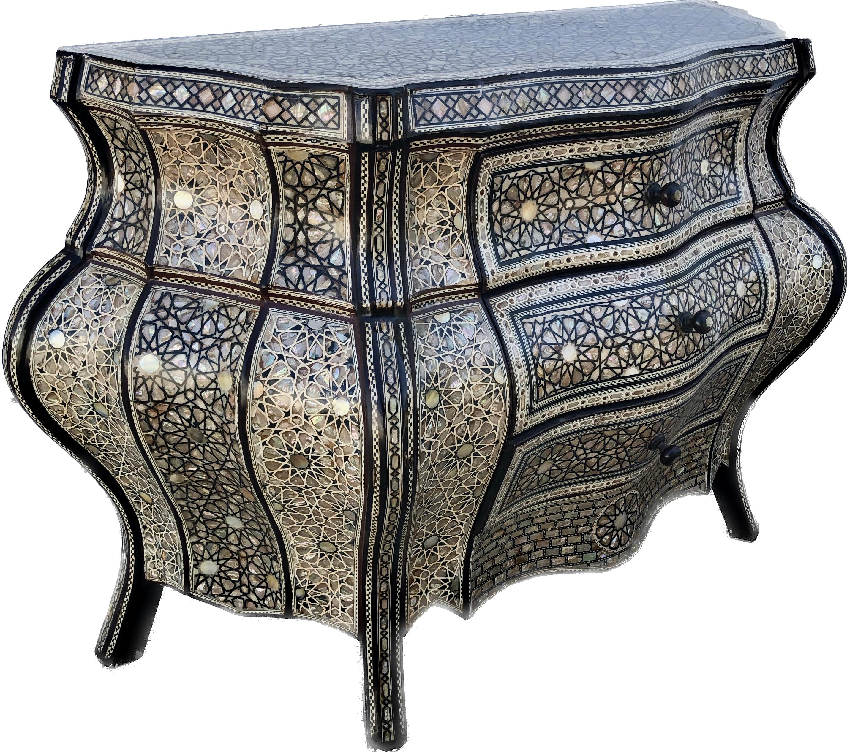 Mother-of-Pearl Moorish Style Inlaid Bombe Commode For Sale