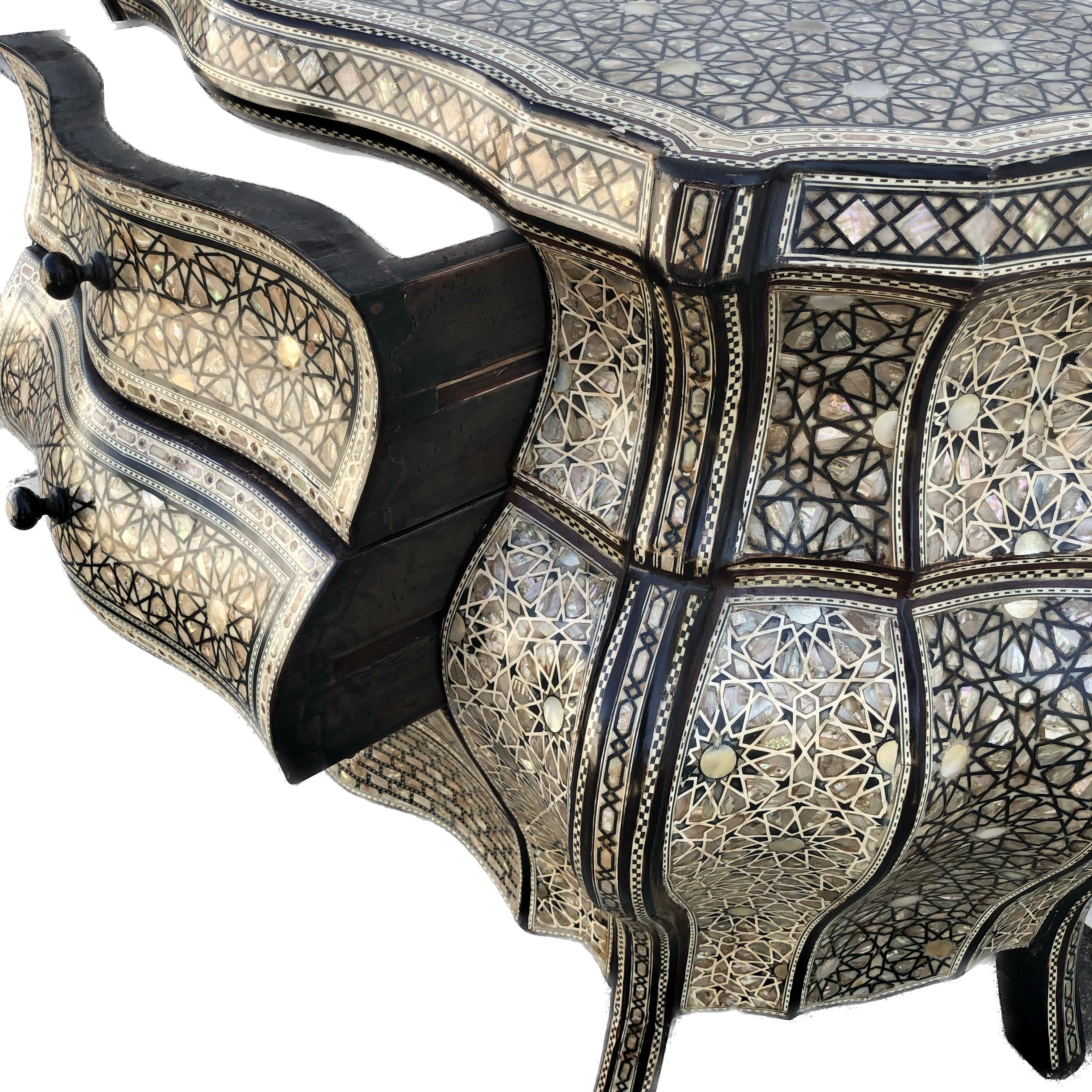 Moorish Style Inlaid Bombe Commode For Sale 4