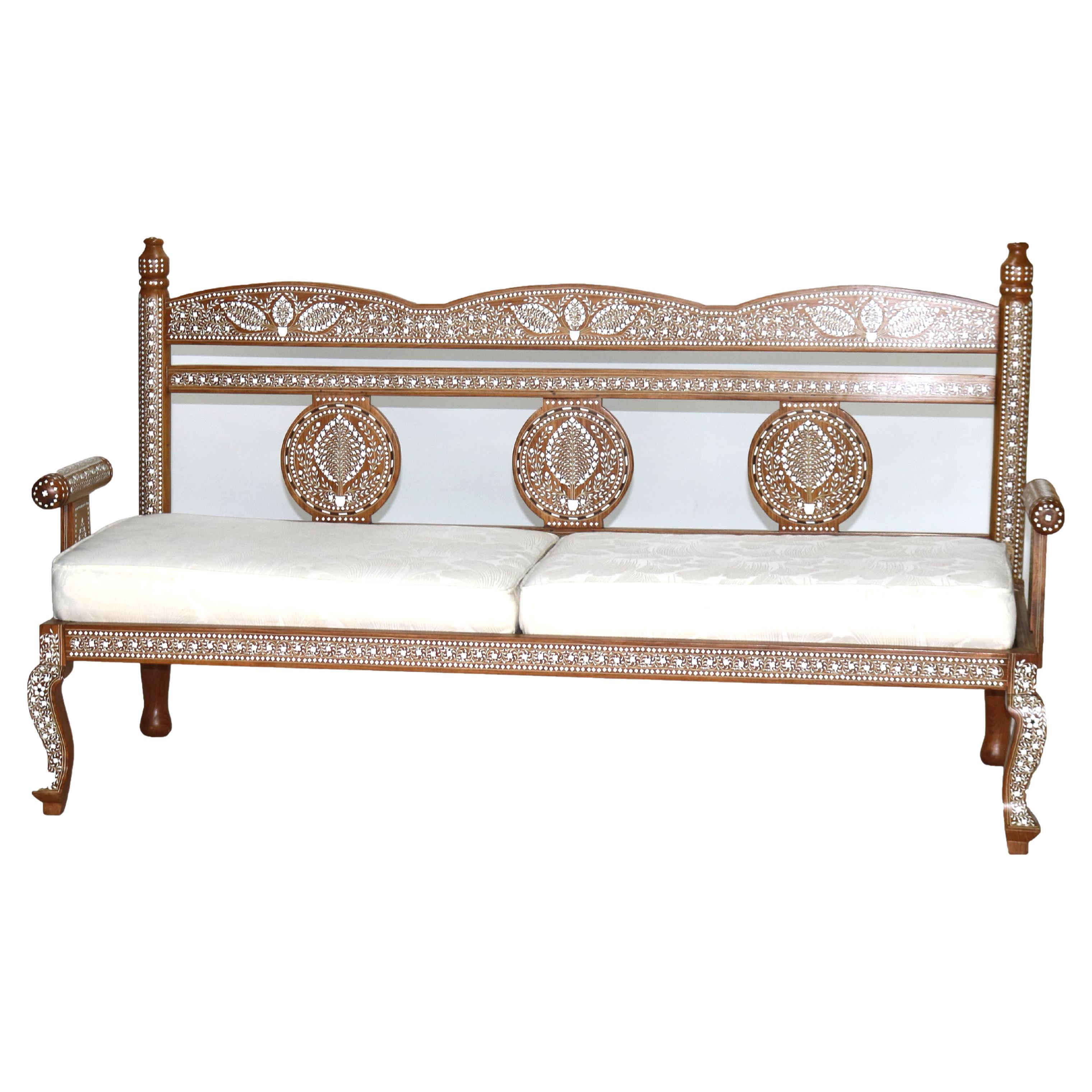 Moorish Style Inlaid Walnut Bench with Floral Pattern 20thC