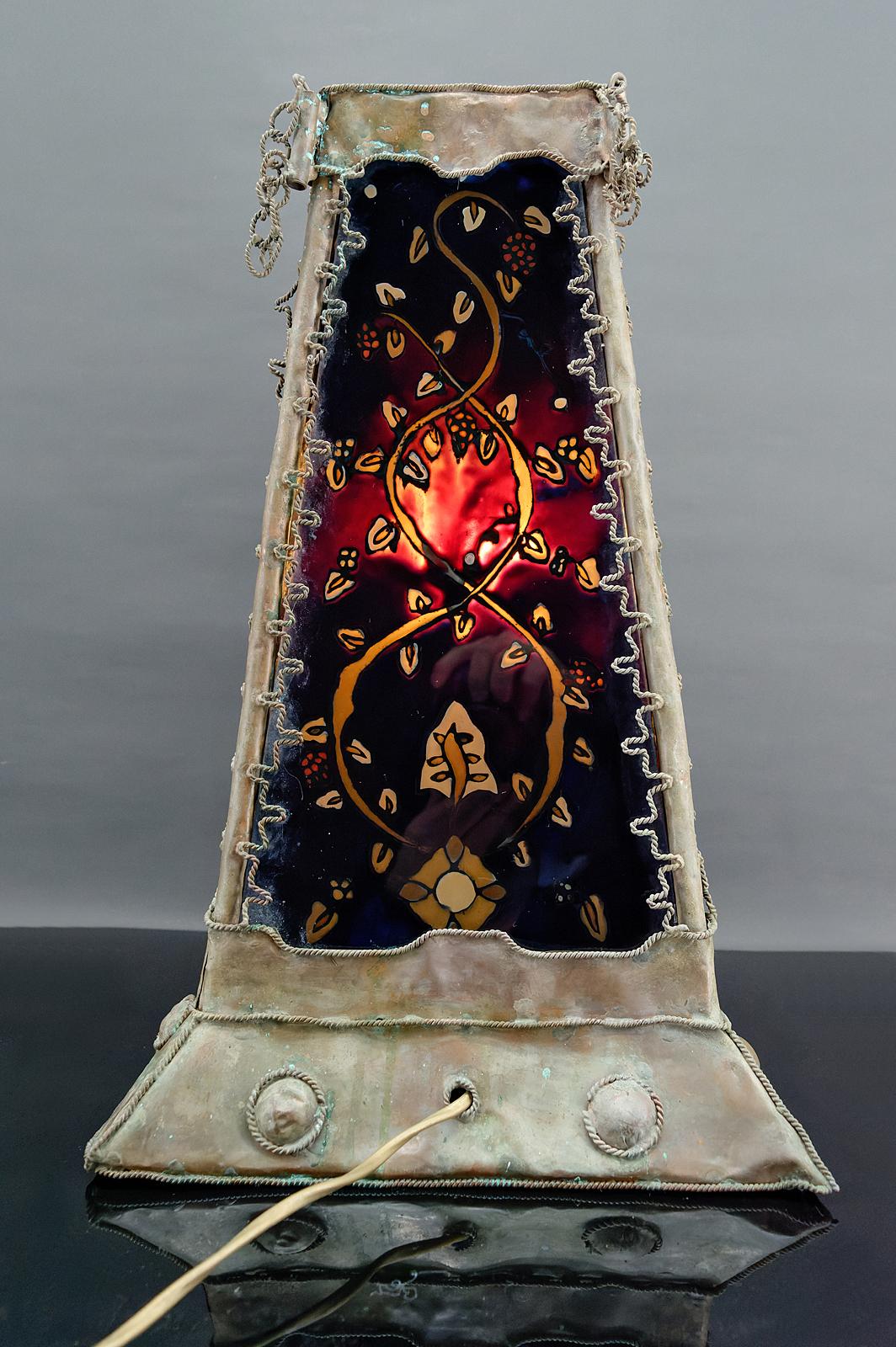 French Moorish style lamp in patinated copper and painted glass, France, Mid-Century For Sale
