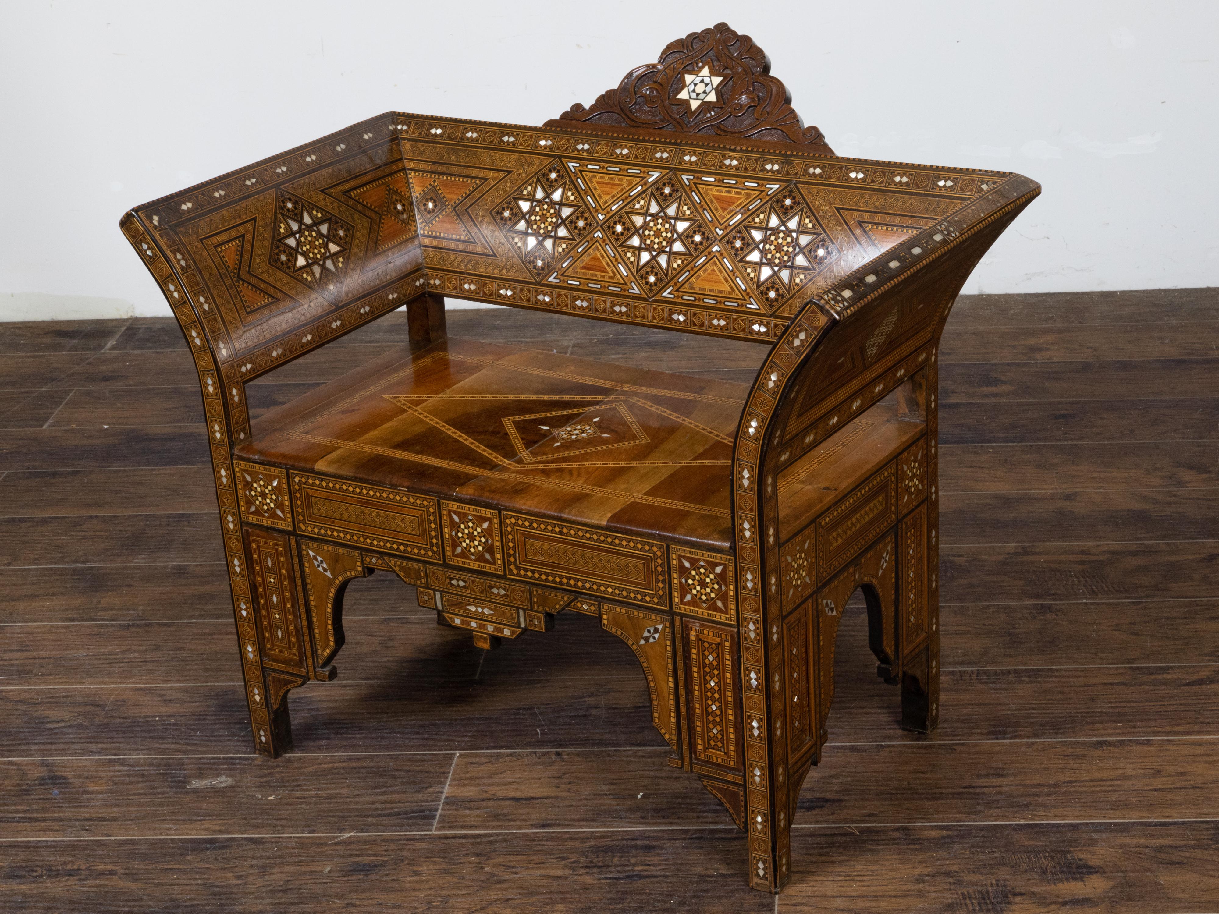 Moorish Style Moroccan 1900s Armchair with Mother of Pearl Geometric Inlay In Good Condition For Sale In Atlanta, GA