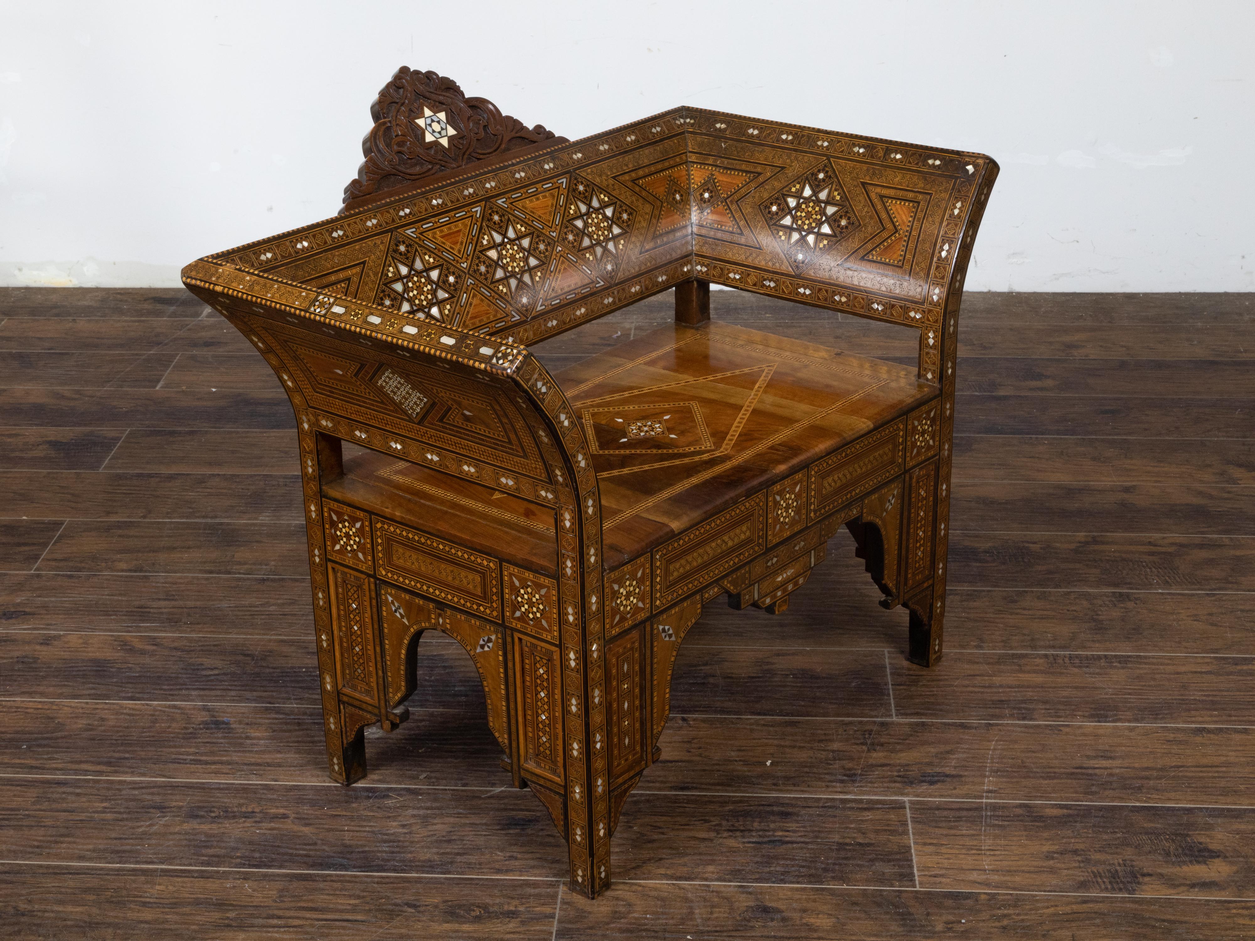 Moorish Style Moroccan 1900s Armchair with Mother of Pearl Geometric Inlay For Sale 2