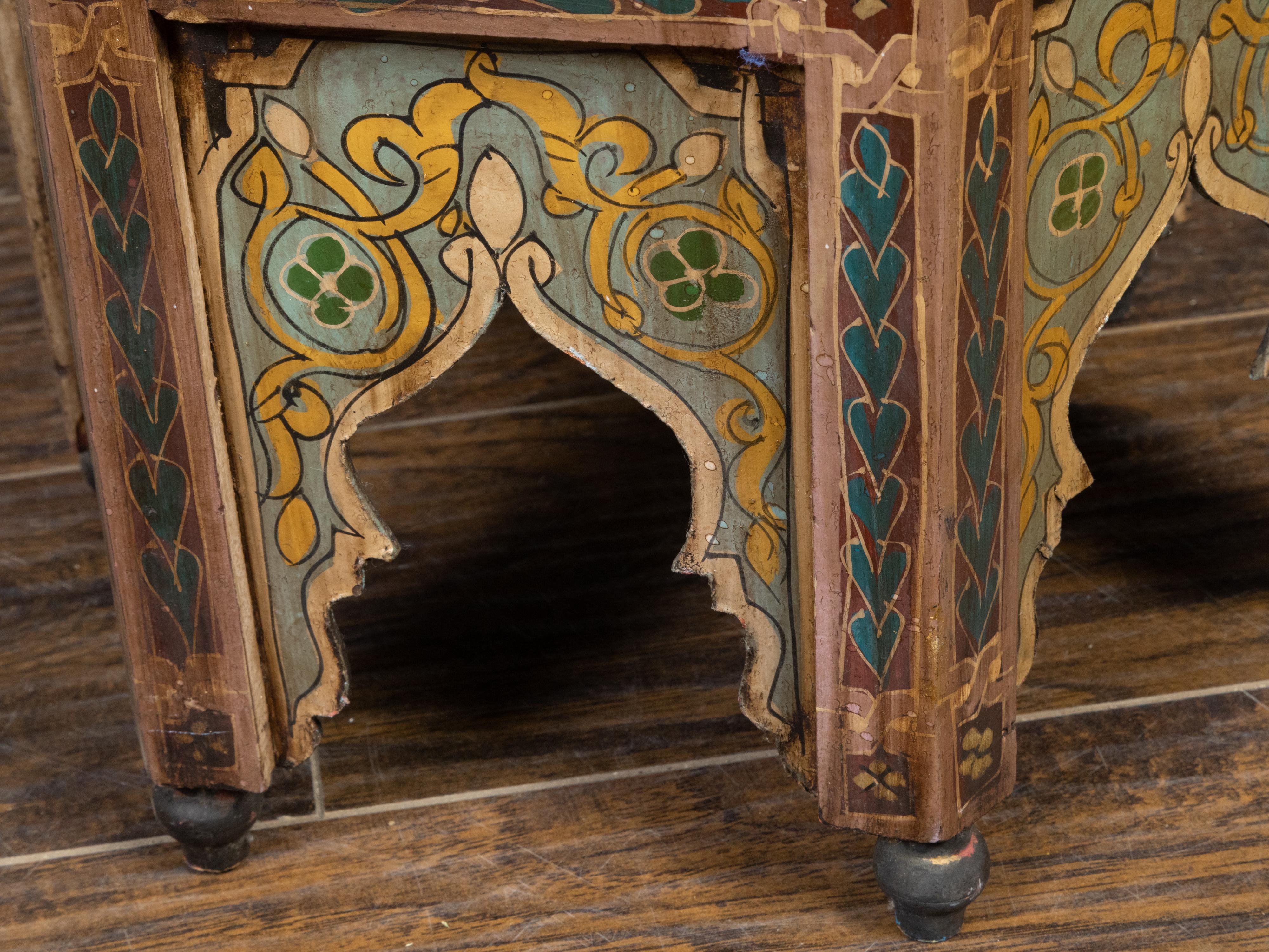 Moorish Style Moroccan 1920s Table with Hexagonal Top and Polychrome Décor 4
