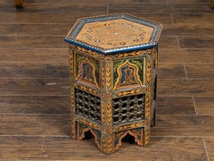 Moorish Style Moroccan 1920s Table with Hexagonal Top and Polychrome Décor