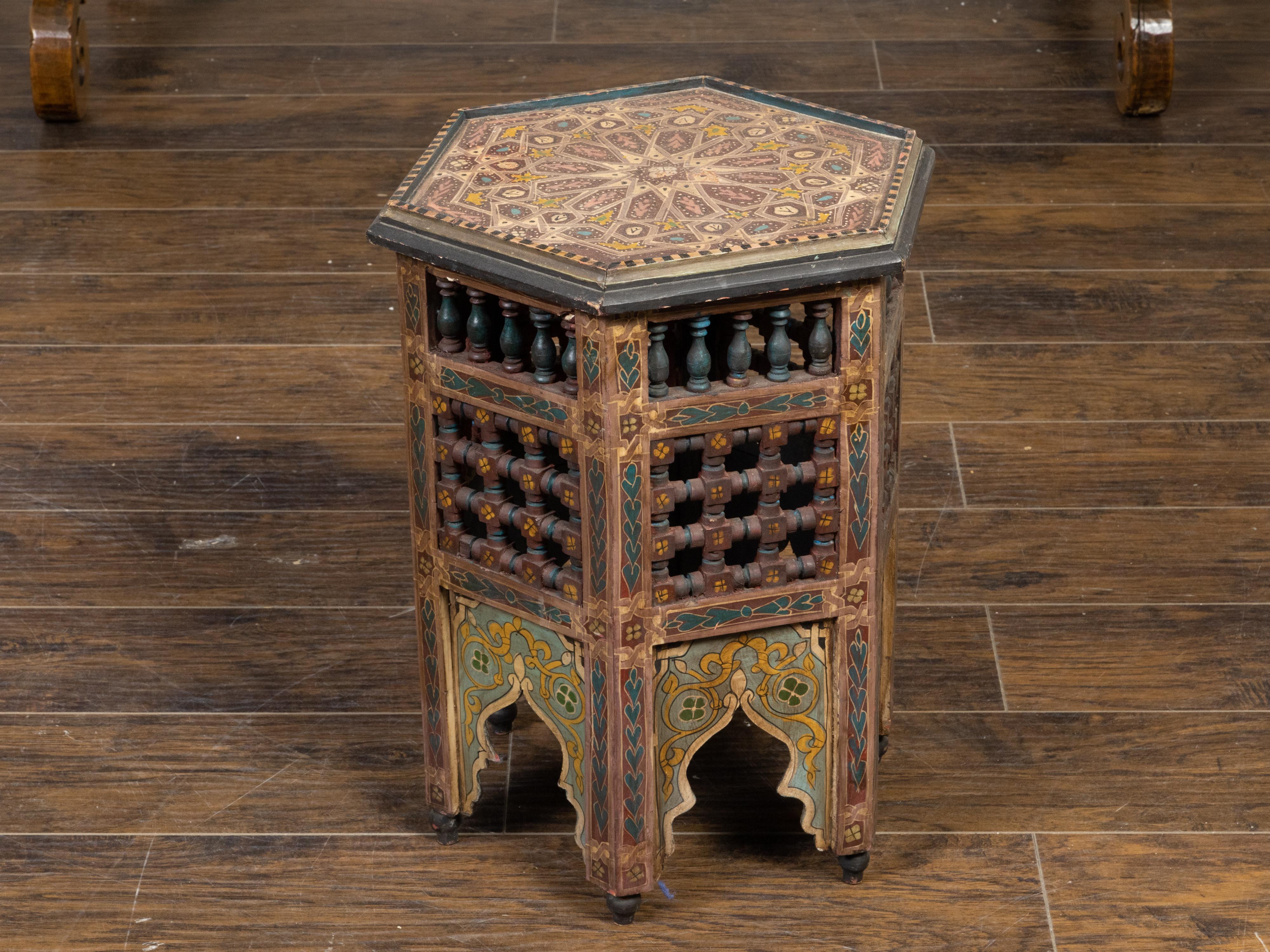 20th Century Moorish Style Moroccan 1920s Table with Hexagonal Top and Polychrome Décor